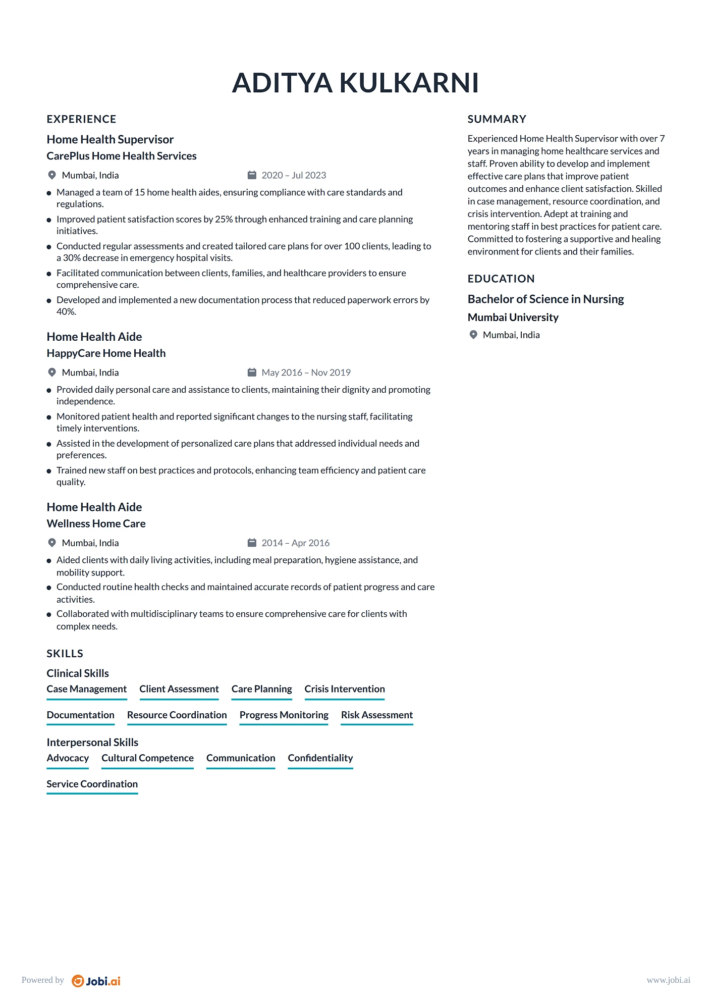Home Health Aide resume example — Home Health Supervisor