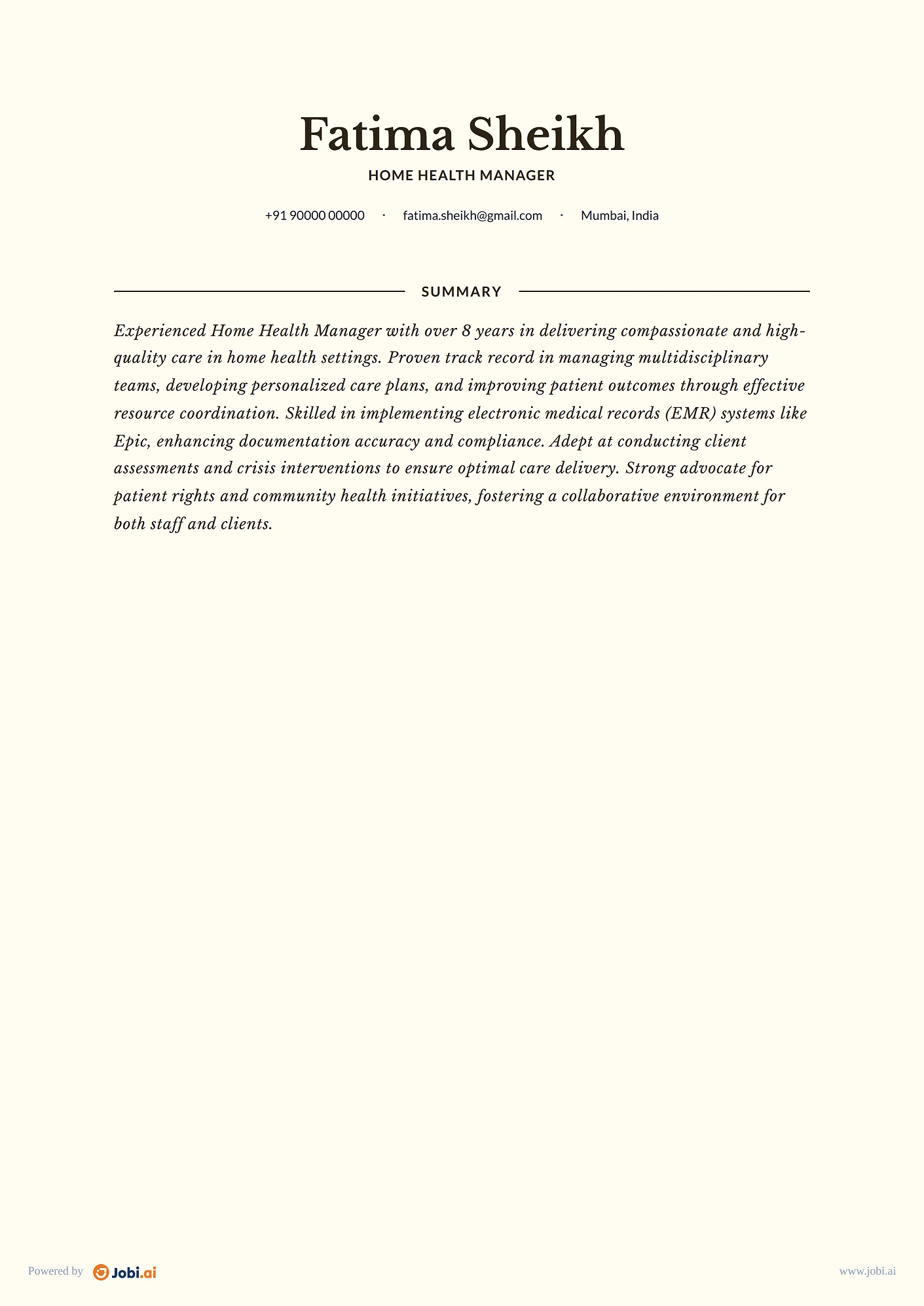 Home Health Aide resume example — Home Health Manager