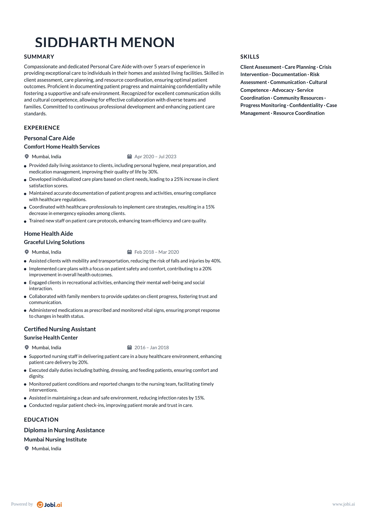 Home Health Aide resume example — Personal Care Aide