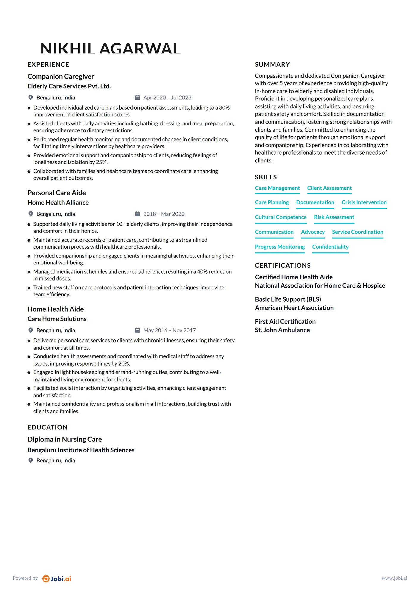 Home Health Aide resume example — Companion Caregiver