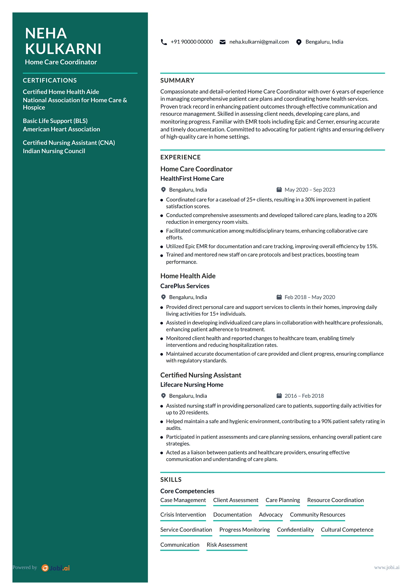 Home Health Aide resume example — Home Care Coordinator