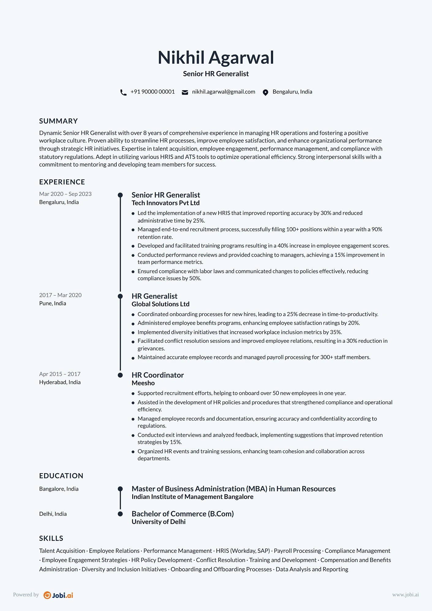 HR Generalist resume example