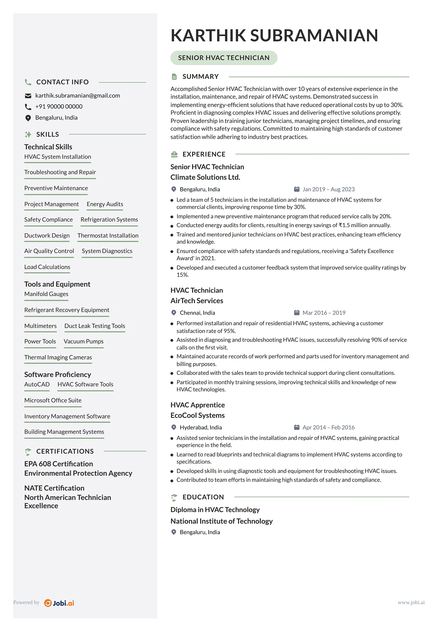 HVAC Technician resume example
