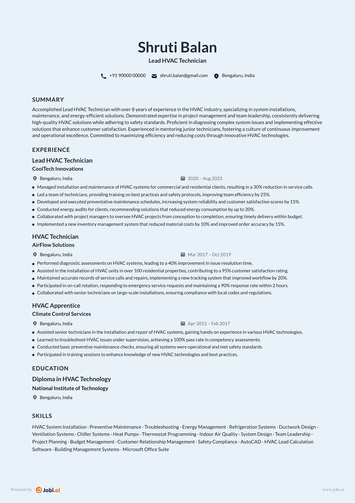 HVAC Technician resume example — Lead HVAC Technician