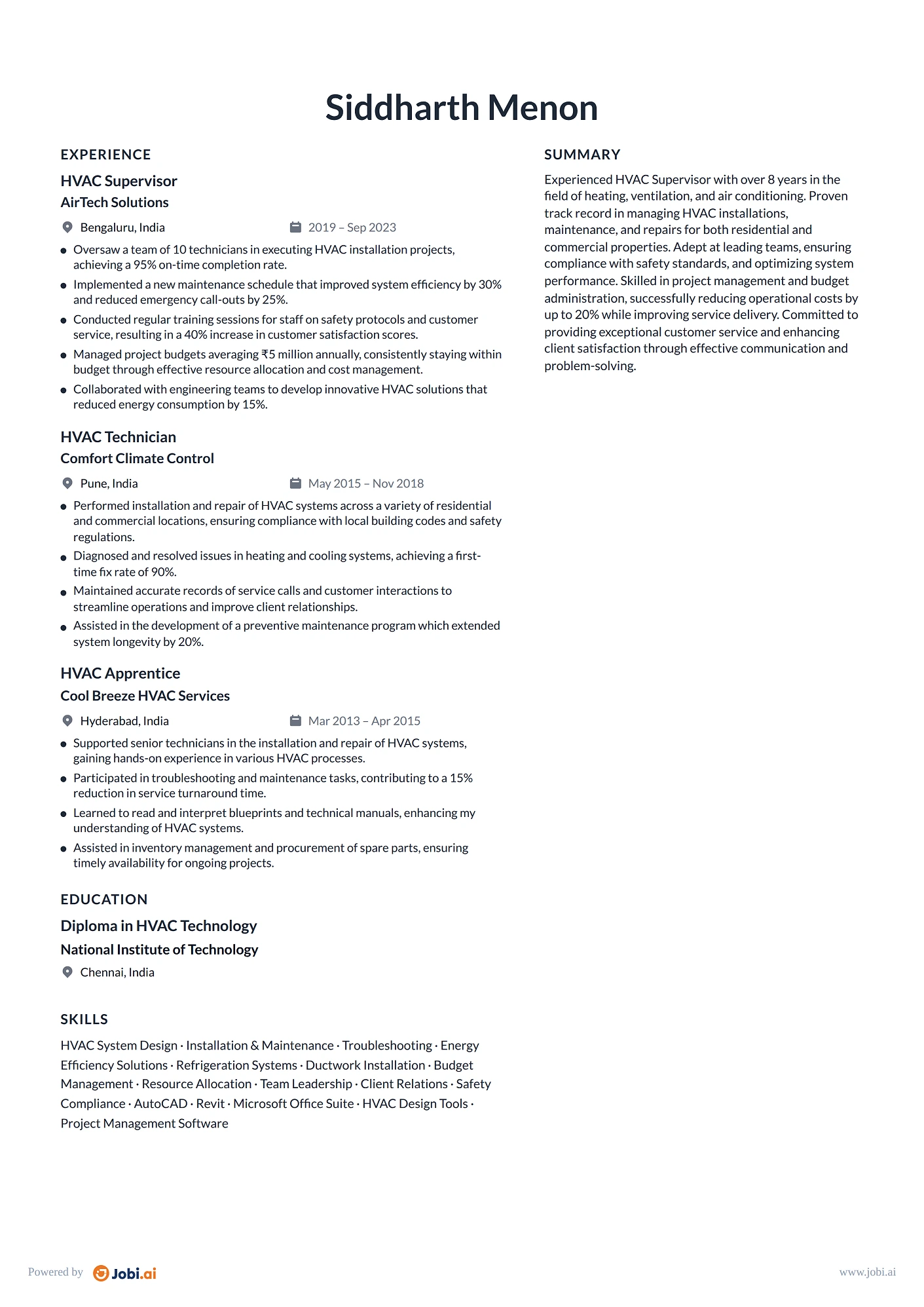 HVAC Technician resume example — HVAC Supervisor