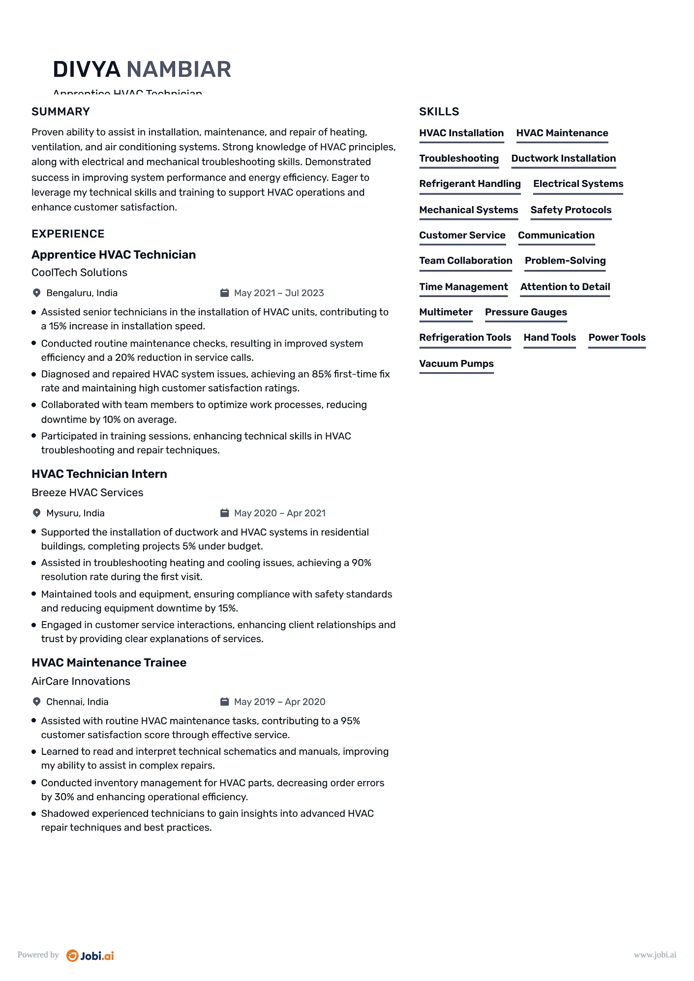 HVAC Technician resume example — Apprentice HVAC Technician