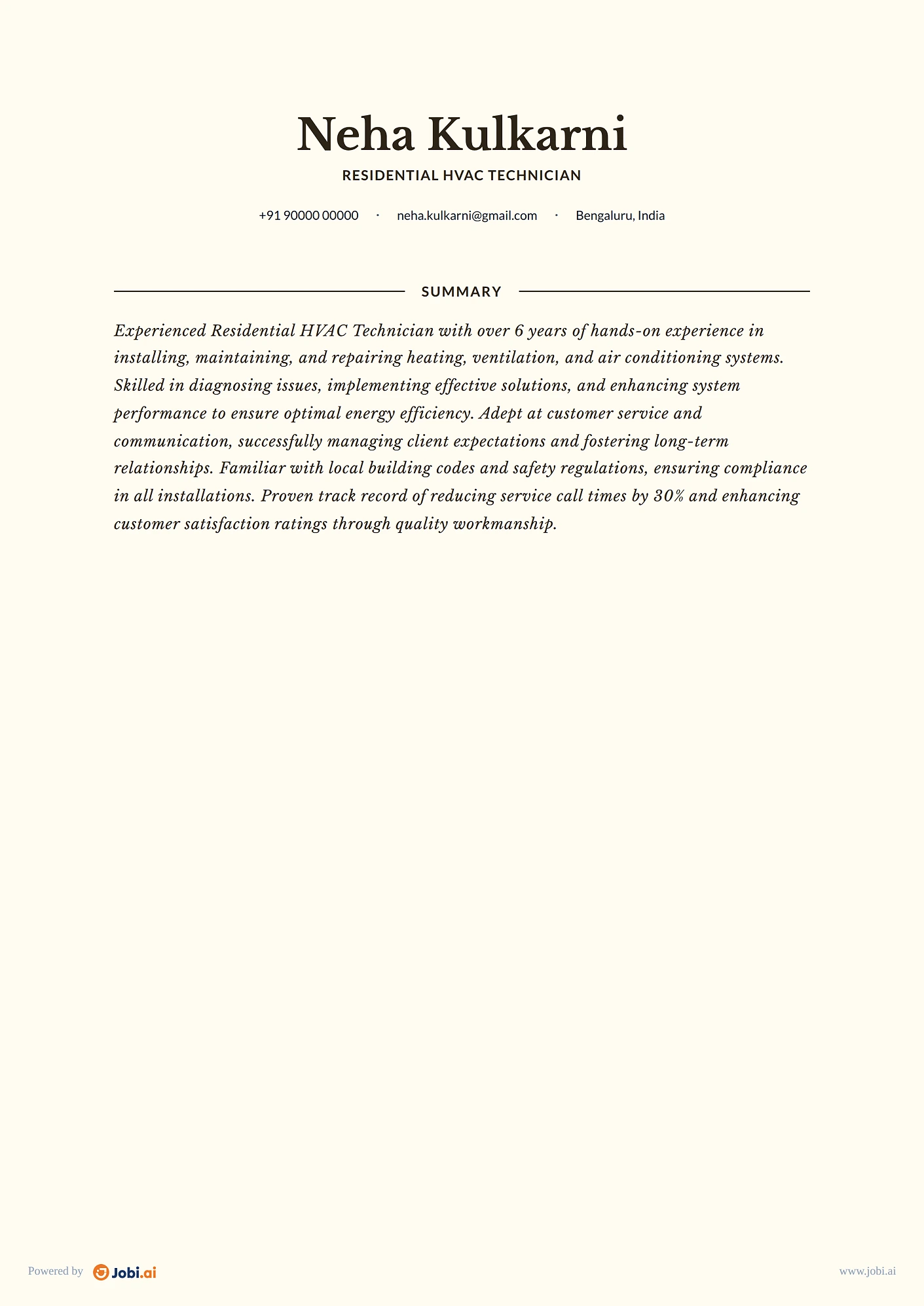 HVAC Technician resume example — Residential HVAC Technician