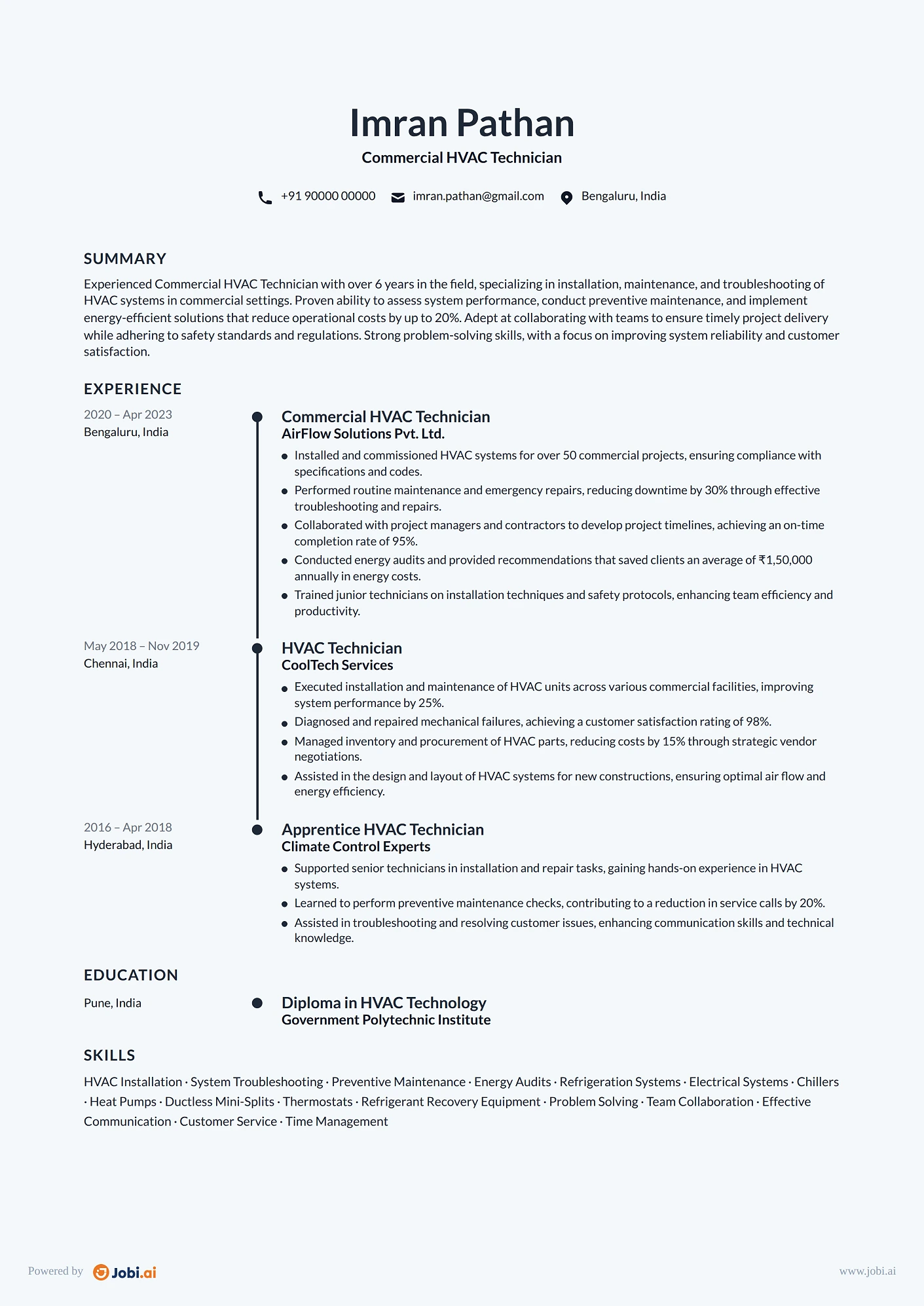 HVAC Technician resume example — Commercial HVAC Technician
