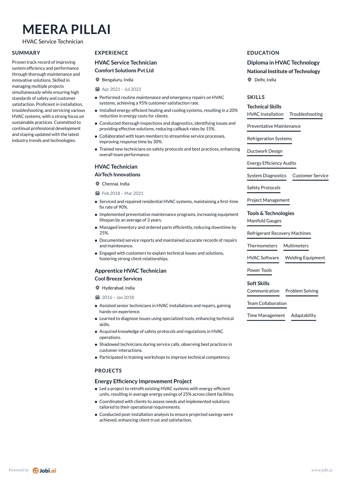 HVAC Technician resume example — HVAC Service Technician