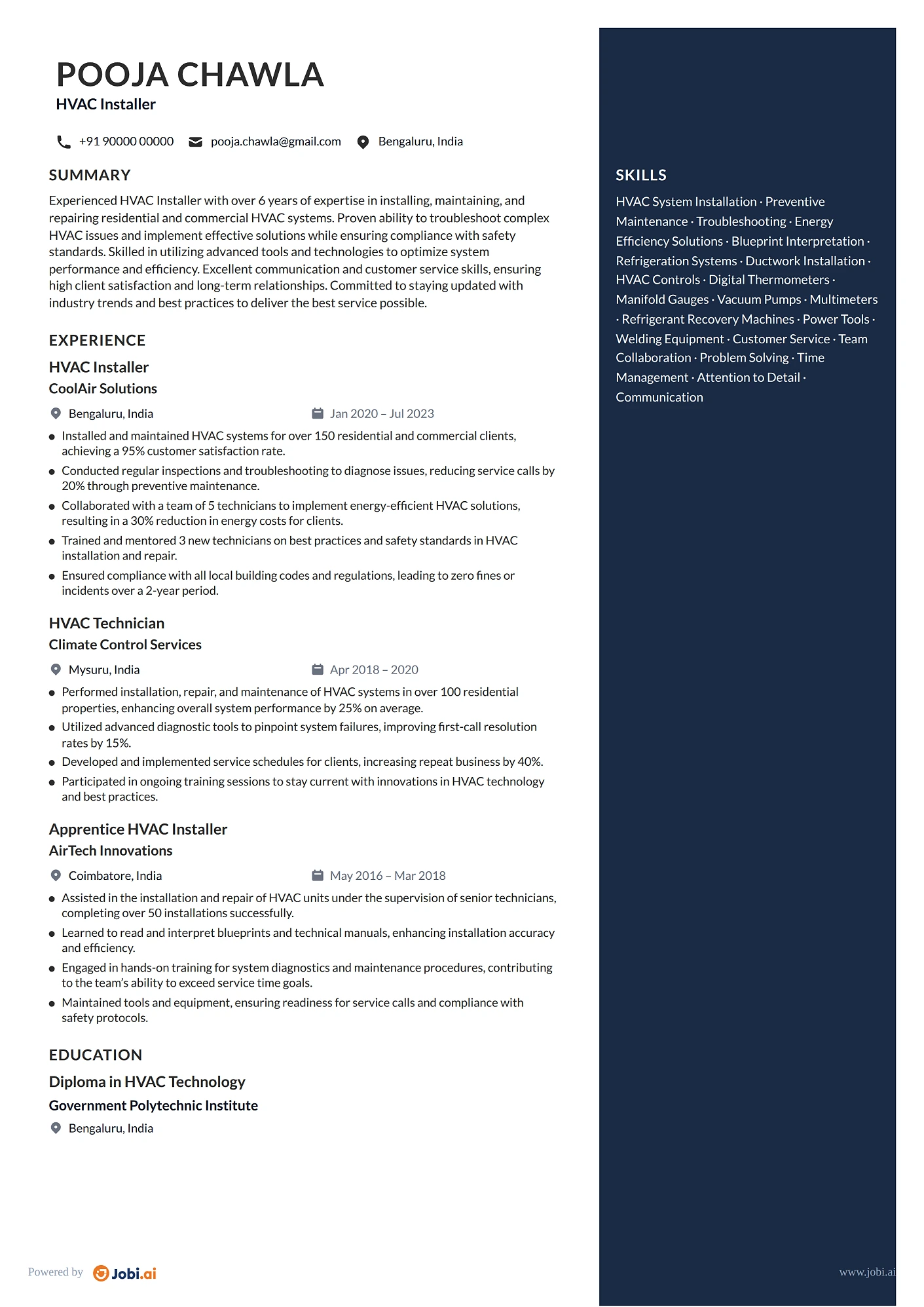 HVAC Technician resume example — HVAC Installer