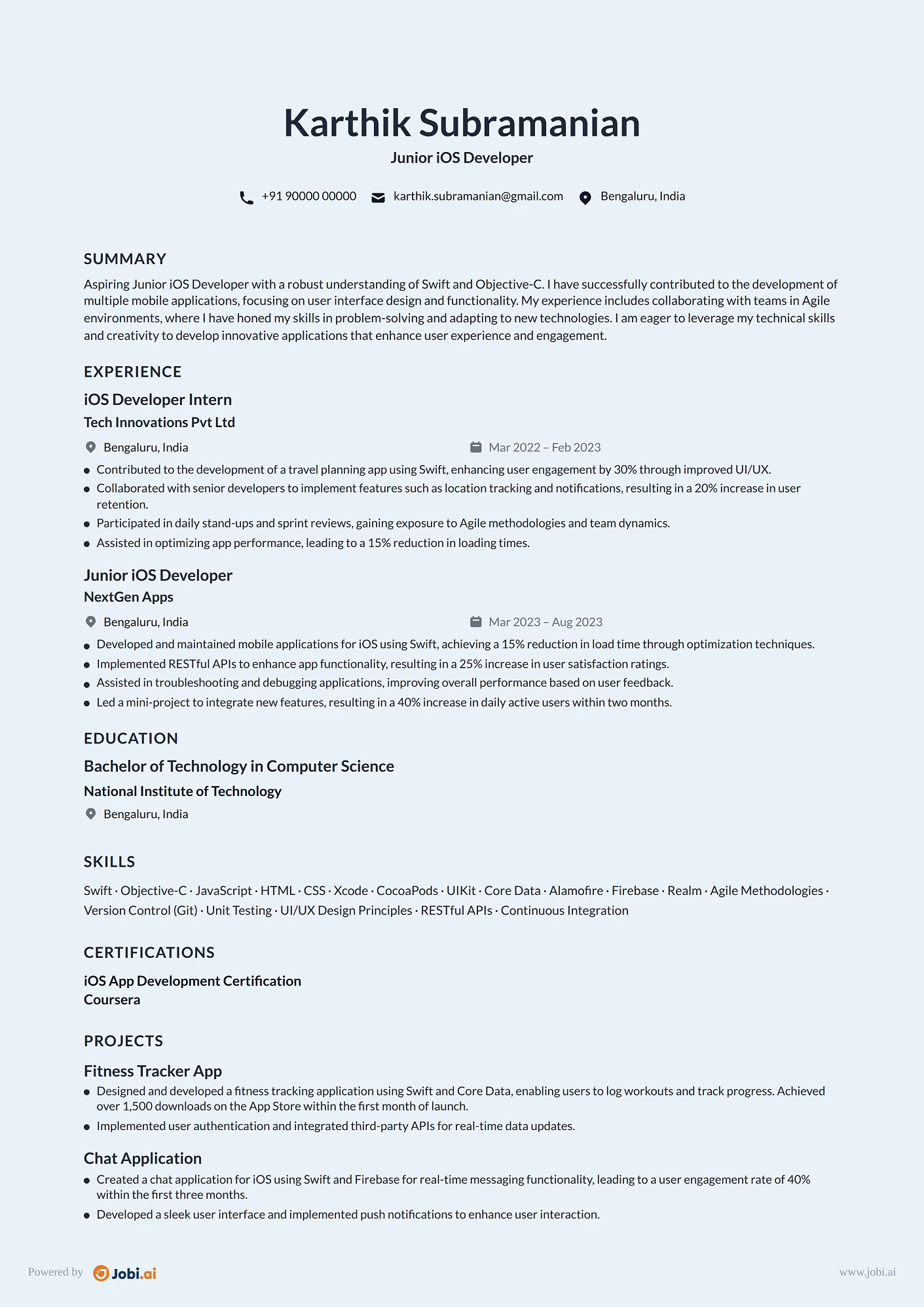iOS Developer resume example — Junior iOS Developer
