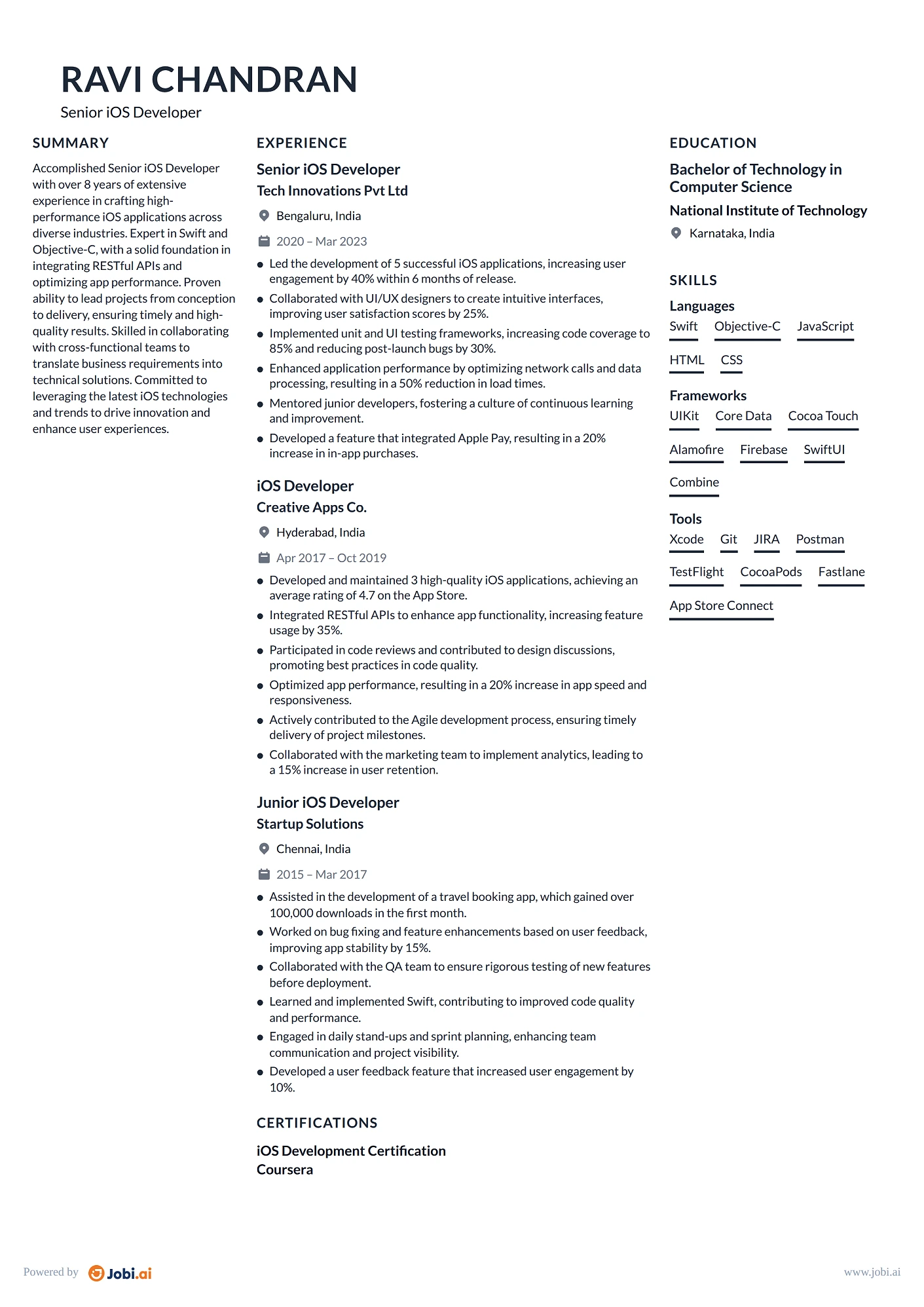 iOS Developer resume example — Senior iOS Developer
