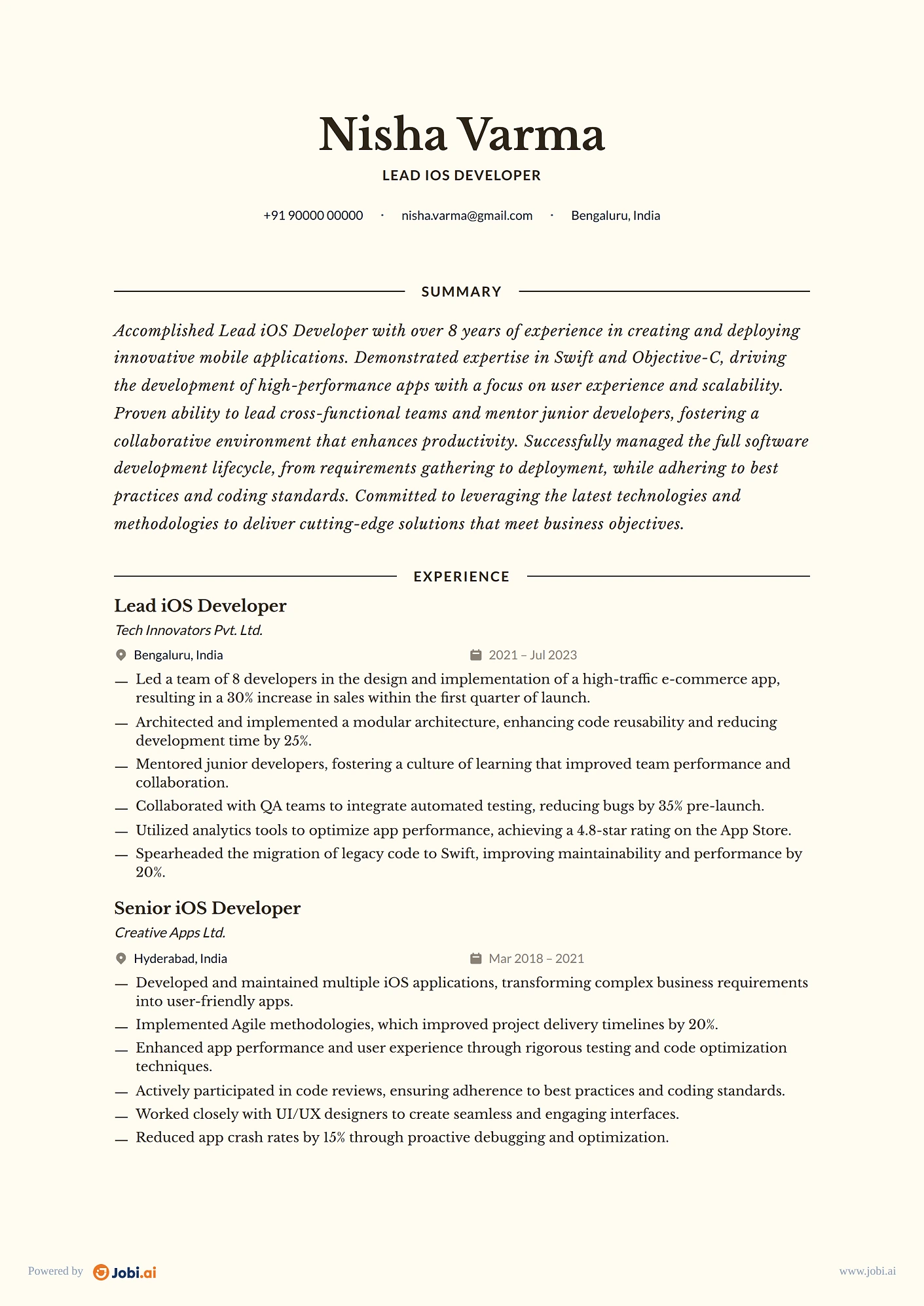 iOS Developer resume example — Lead iOS Developer
