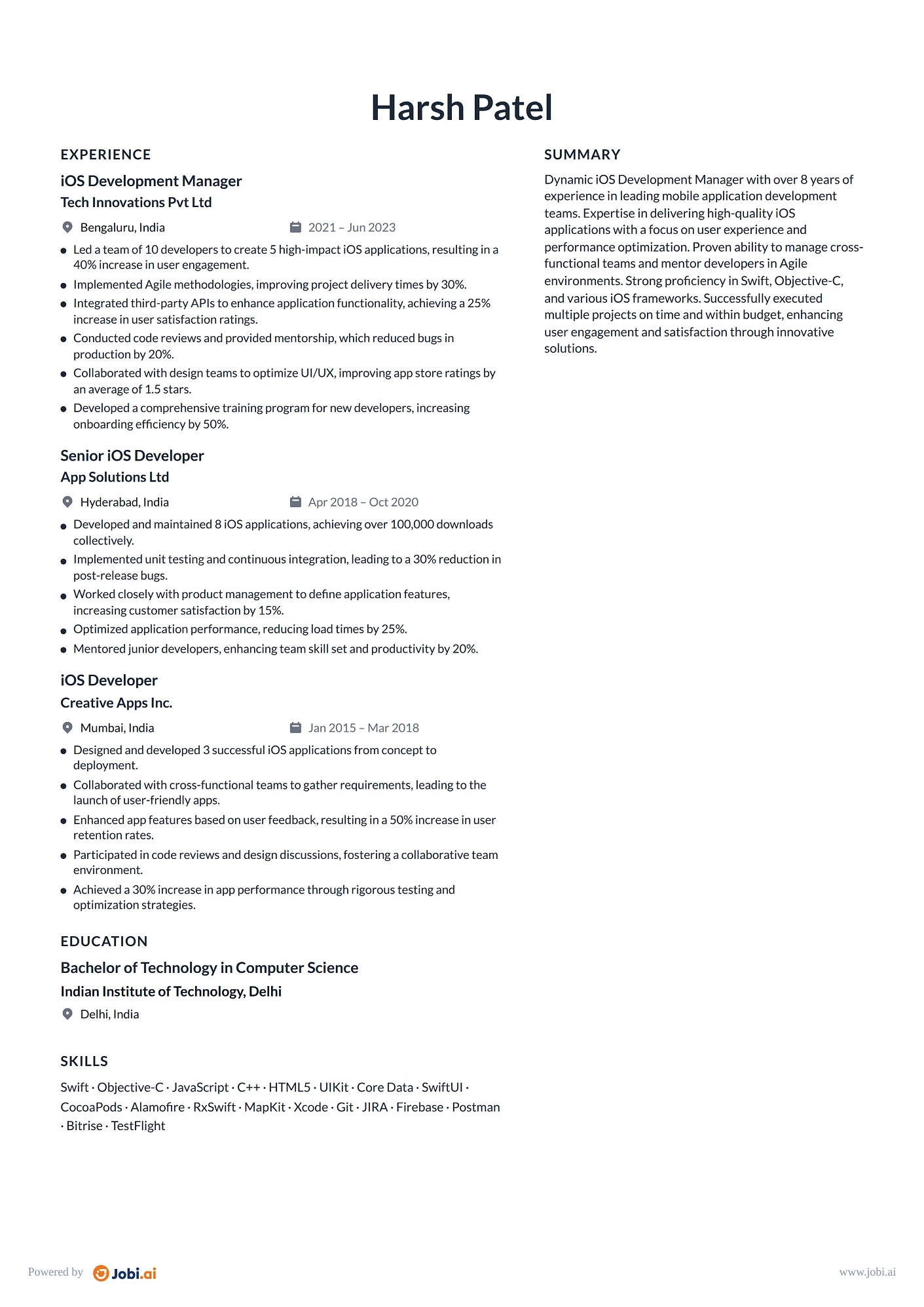 iOS Developer resume example — iOS Development Manager