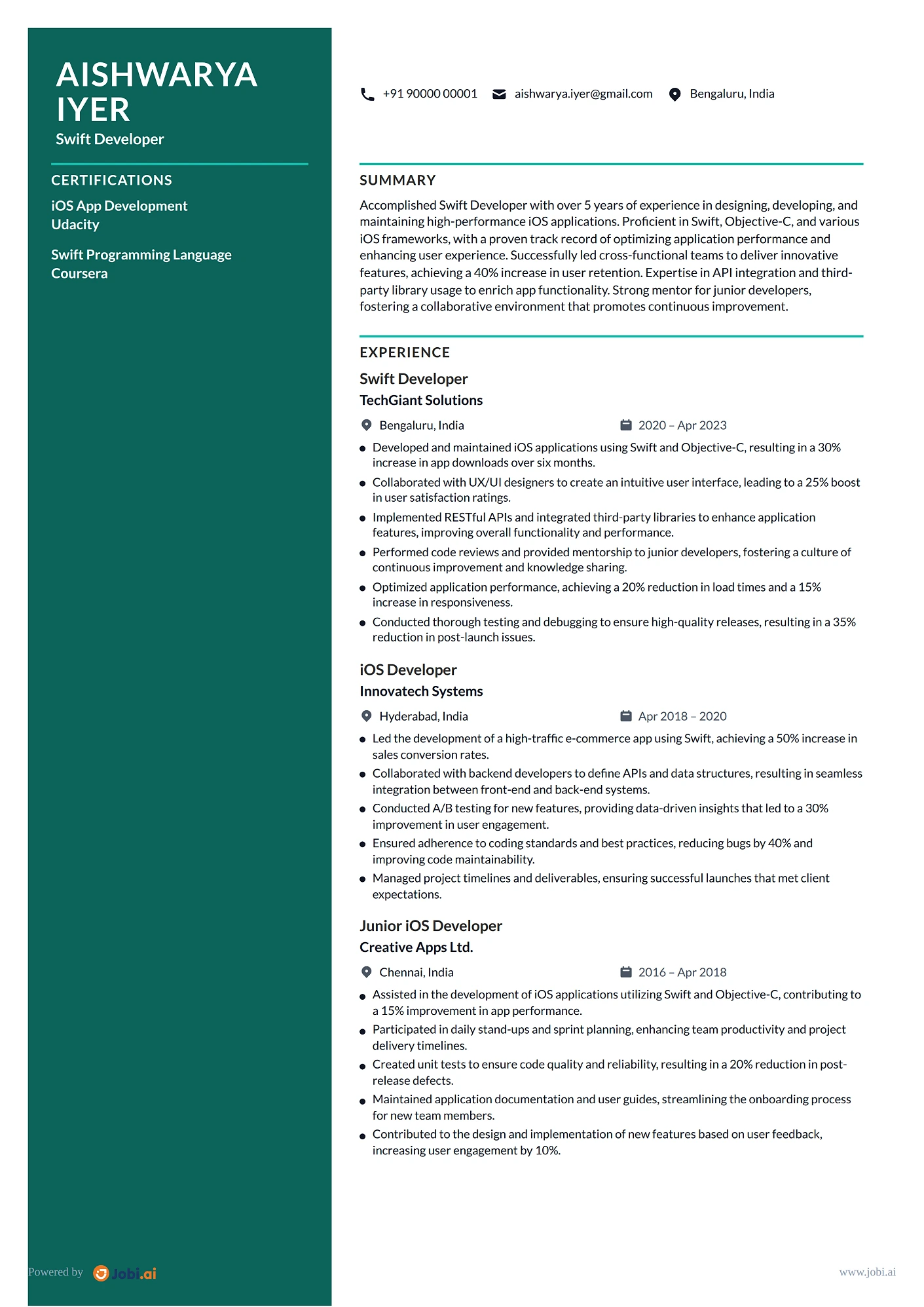 iOS Developer resume example — Swift Developer