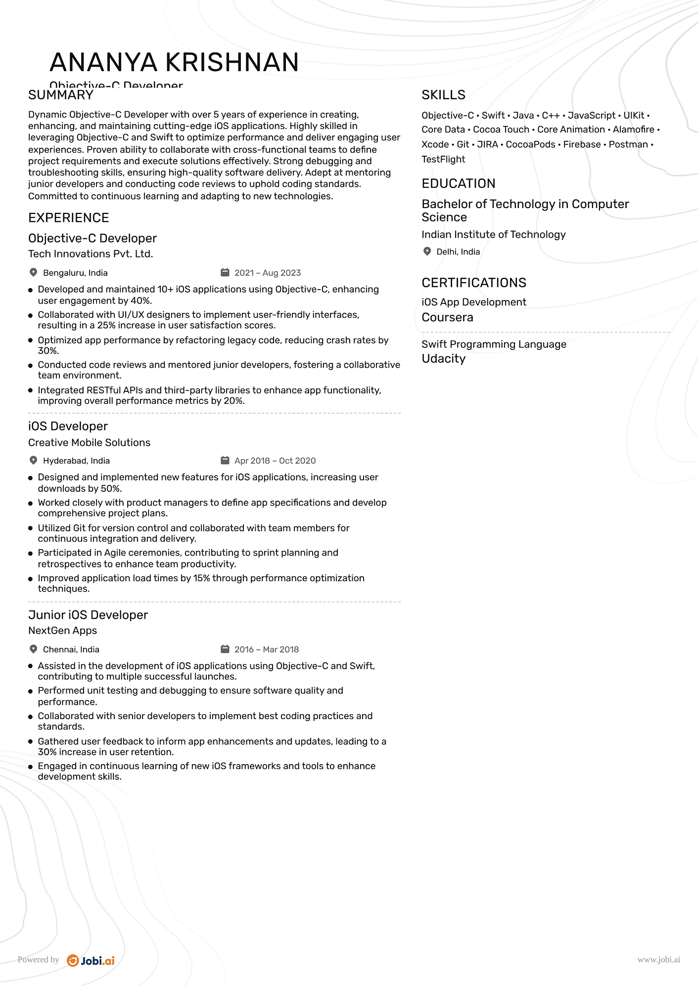 iOS Developer resume example — Objective-C Developer