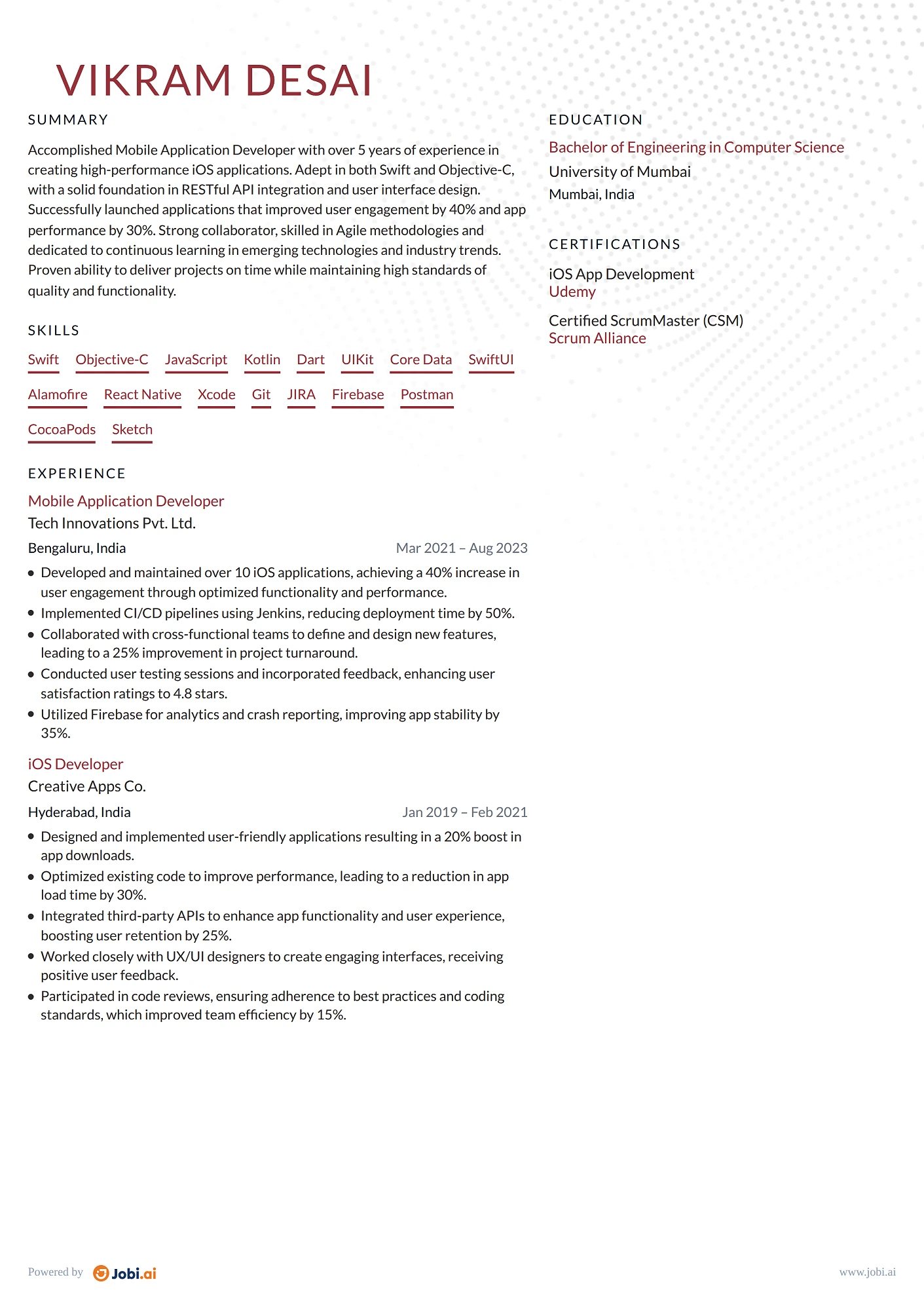 iOS Developer resume example — Mobile Application Developer