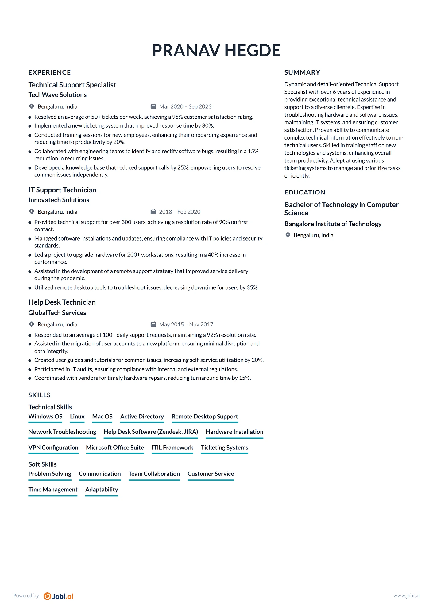 IT Support Specialist resume example — Technical Support Specialist