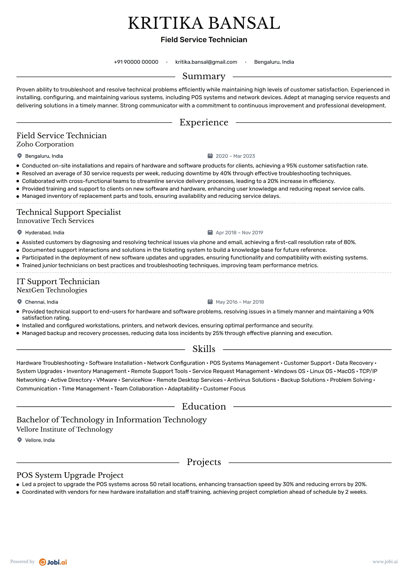 IT Support Specialist resume example — Field Service Technician