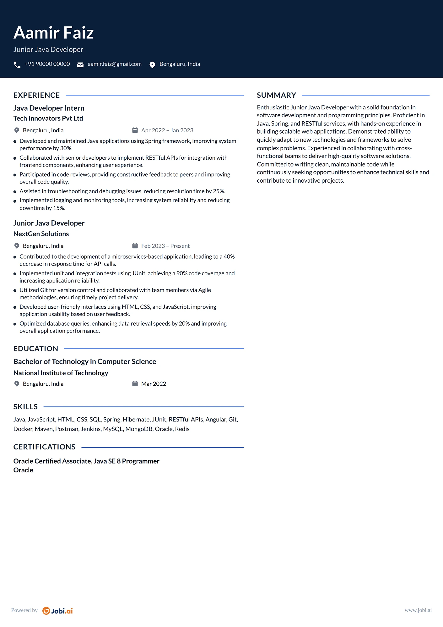Java Developer resume example — Junior Java Developer