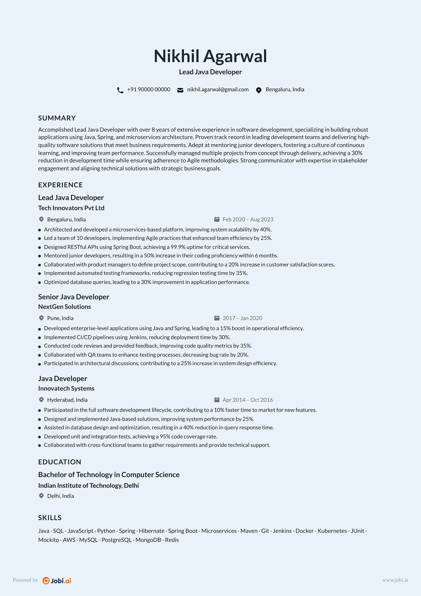 Java Developer resume example — Lead Java Developer