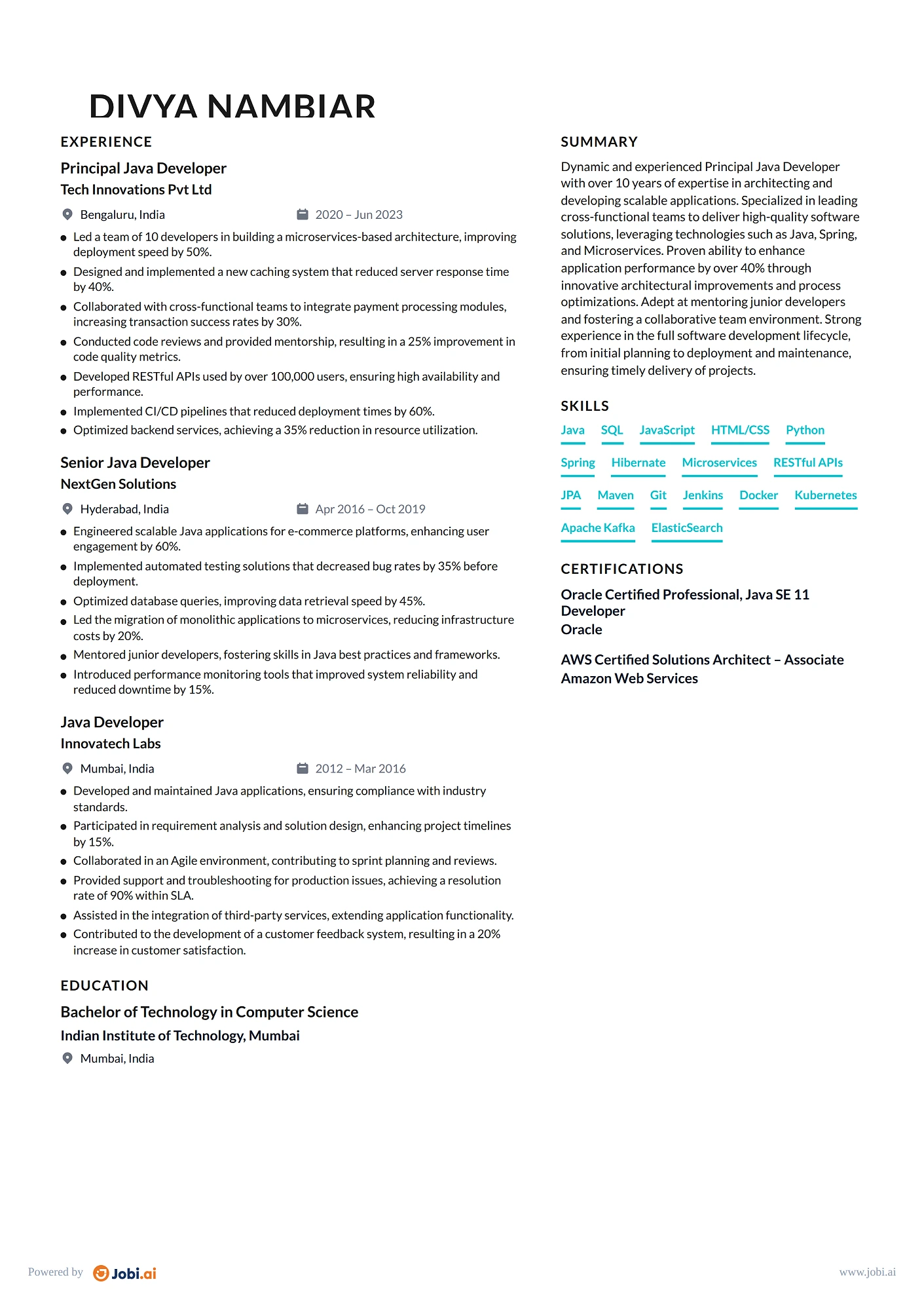 Java Developer resume example — Principal Java Developer