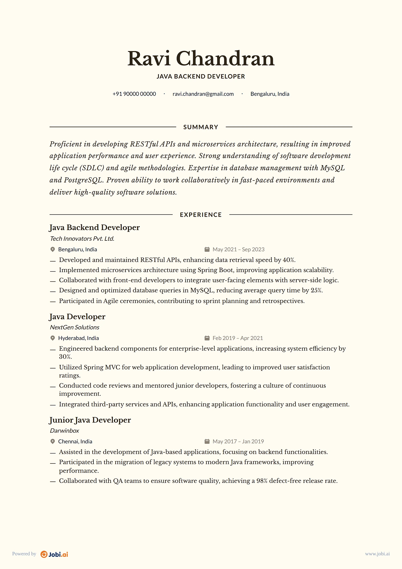 Java Developer resume example — Java Backend Developer
