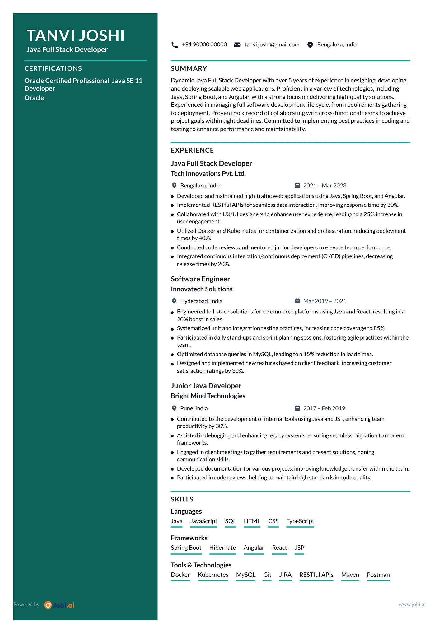 Java Developer resume example — Java Full Stack Developer