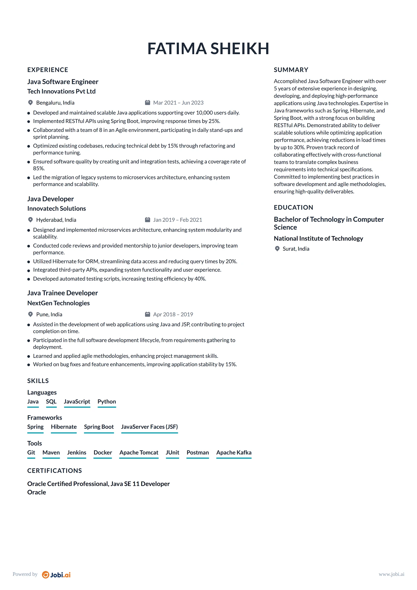 Java Developer resume example — Java Software Engineer