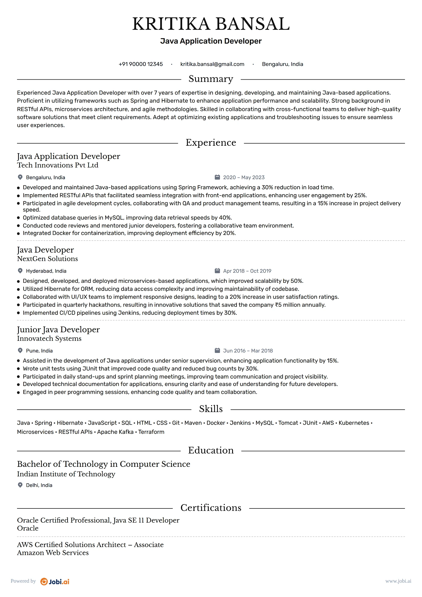 Java Developer resume example — Java Application Developer