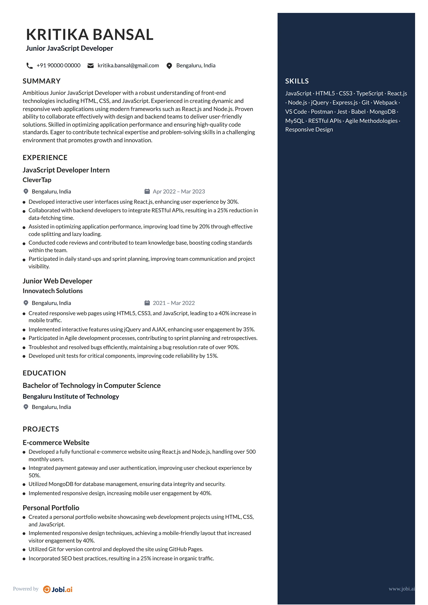 JavaScript Developer resume example — Junior JavaScript Developer