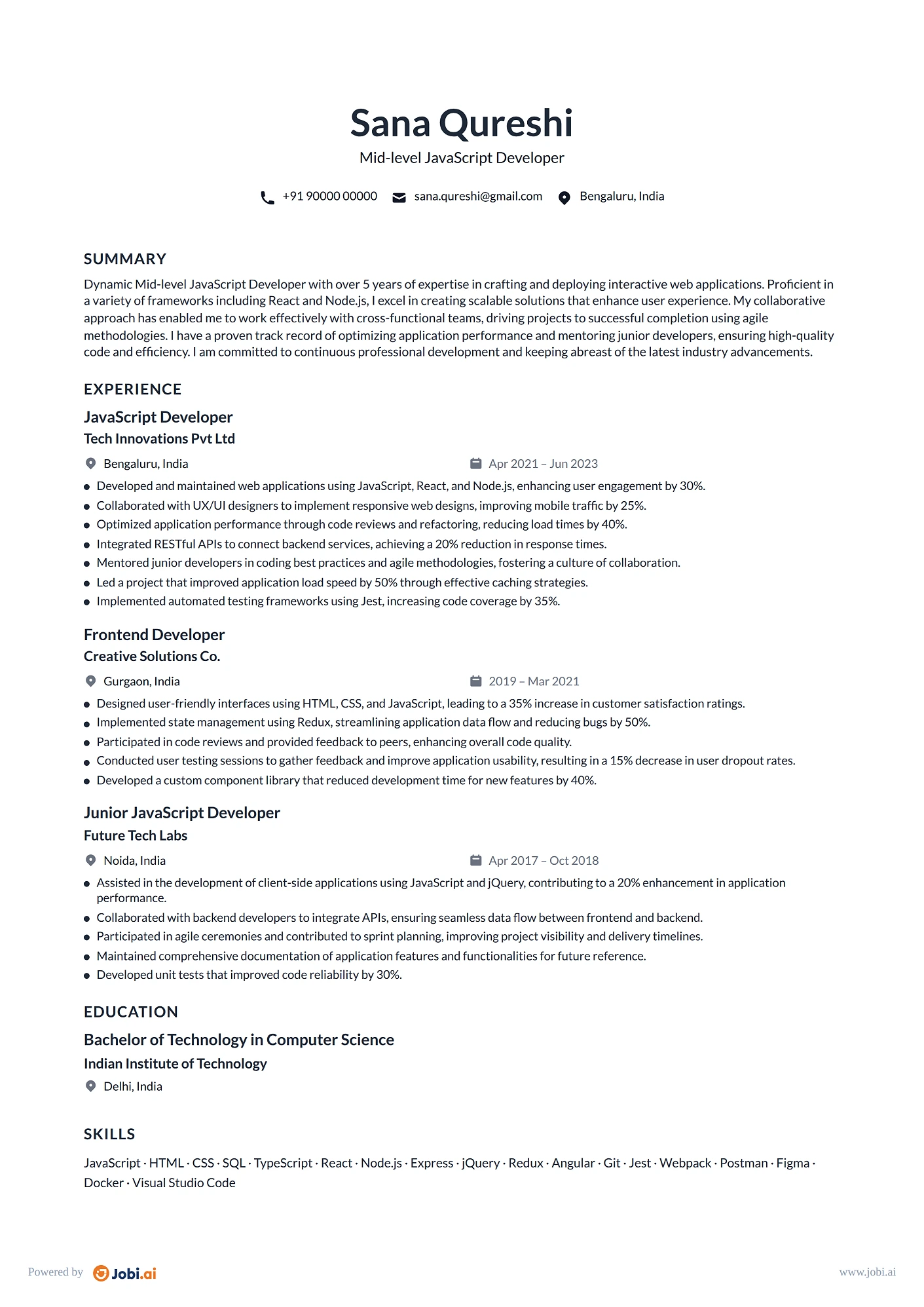 JavaScript Developer resume example — Mid-level JavaScript Developer