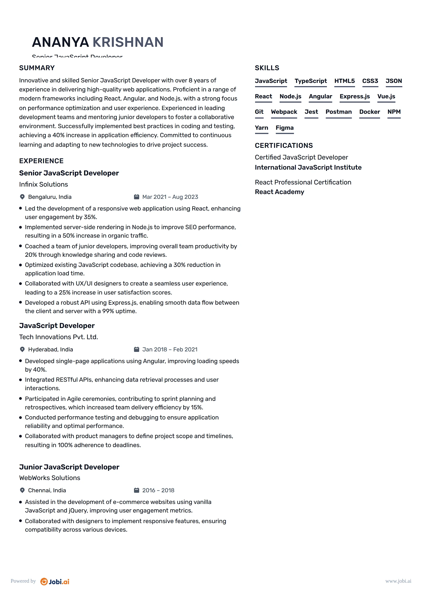 JavaScript Developer resume example — Senior JavaScript Developer