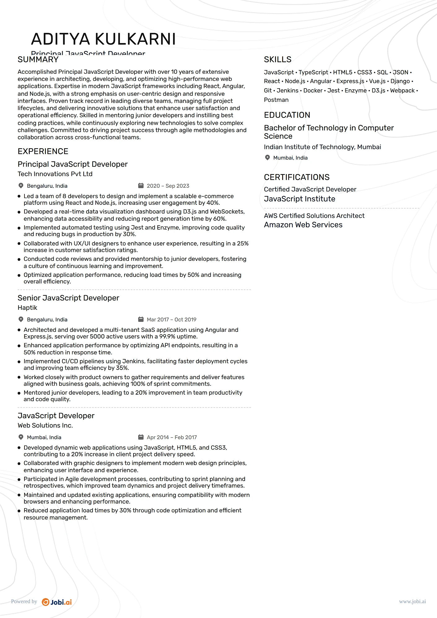 JavaScript Developer resume example — Principal JavaScript Developer