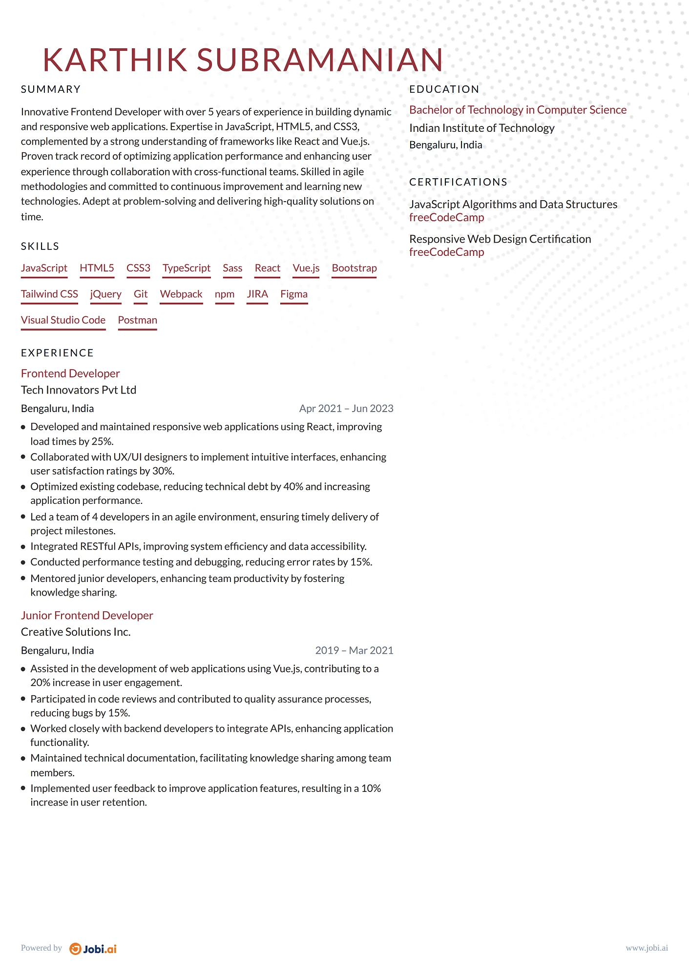 JavaScript Developer resume example — Frontend Developer
