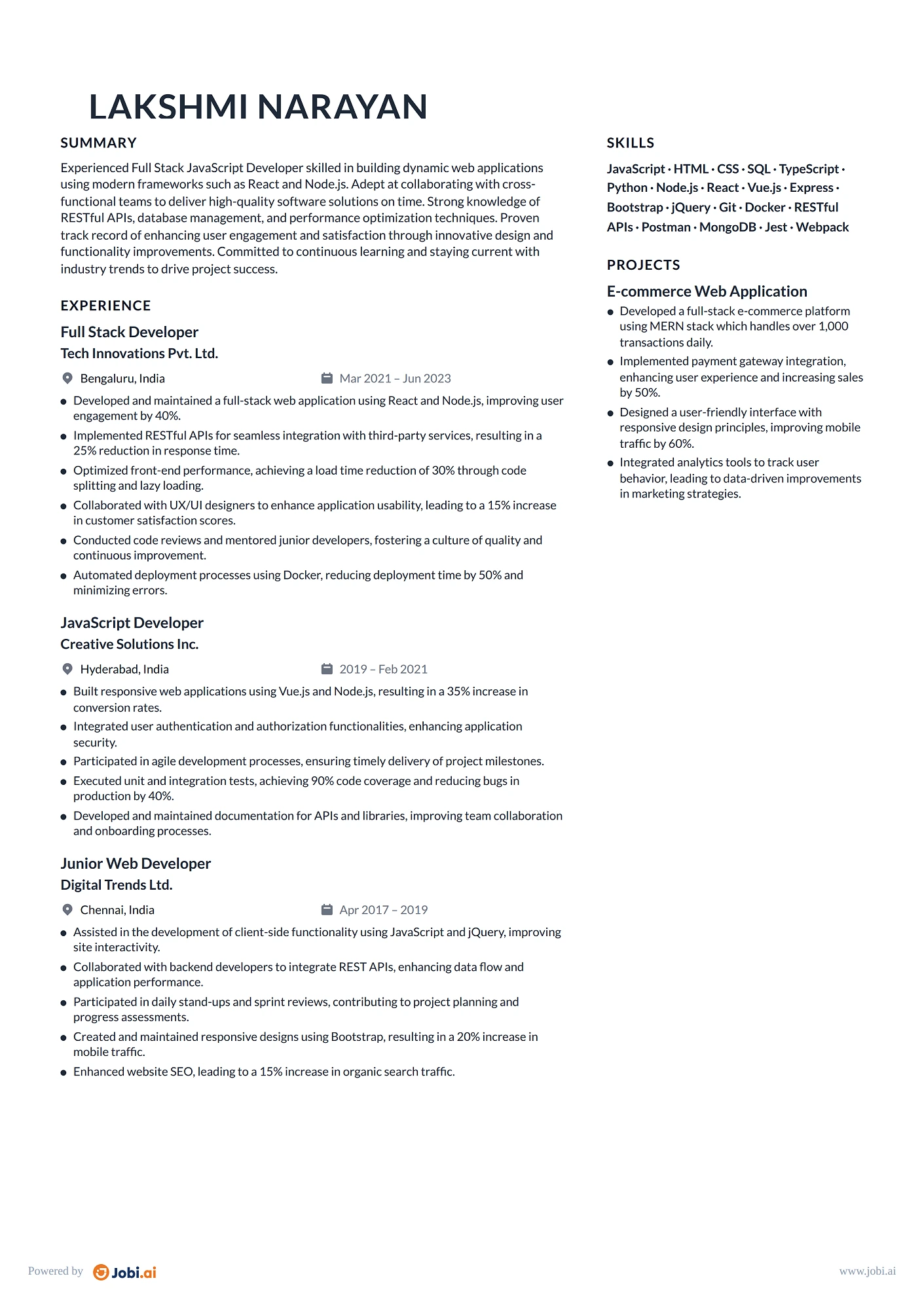 JavaScript Developer resume example — Full Stack JavaScript Developer