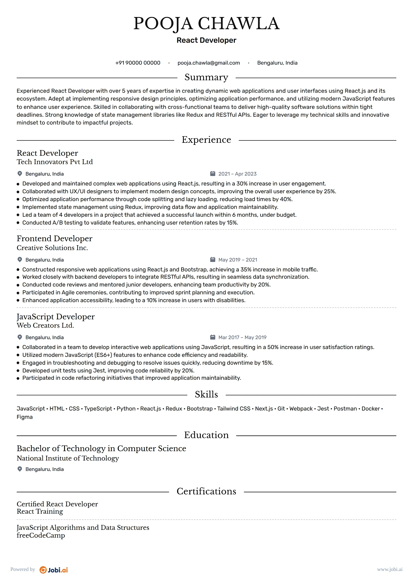 JavaScript Developer resume example — React Developer