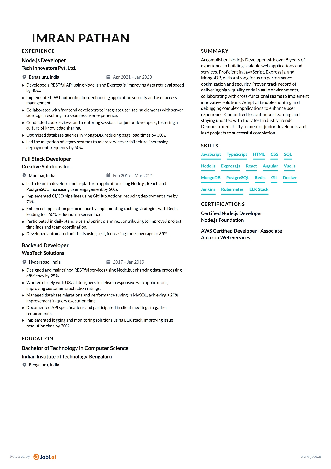 JavaScript Developer resume example — Node.js Developer