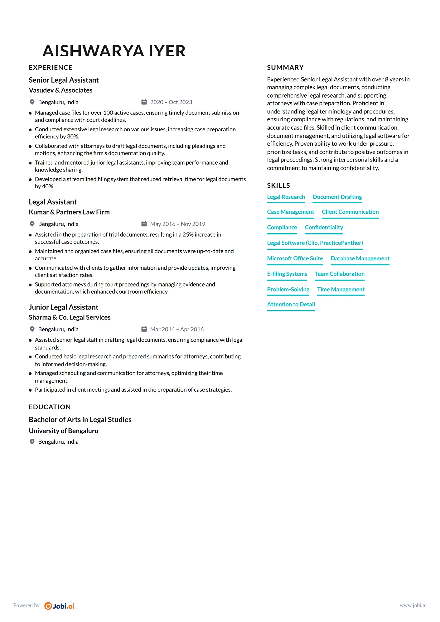 Legal Assistant resume example — Senior Legal Assistant