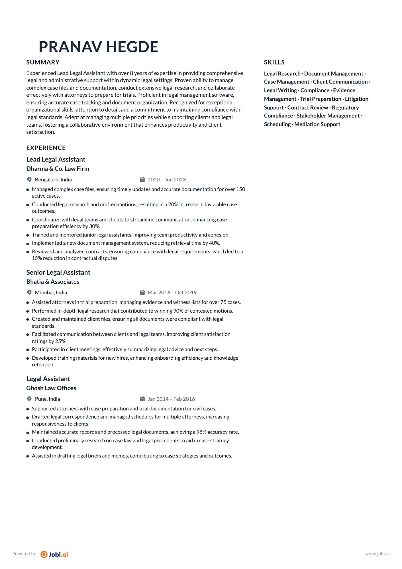 Legal Assistant resume example — Lead Legal Assistant