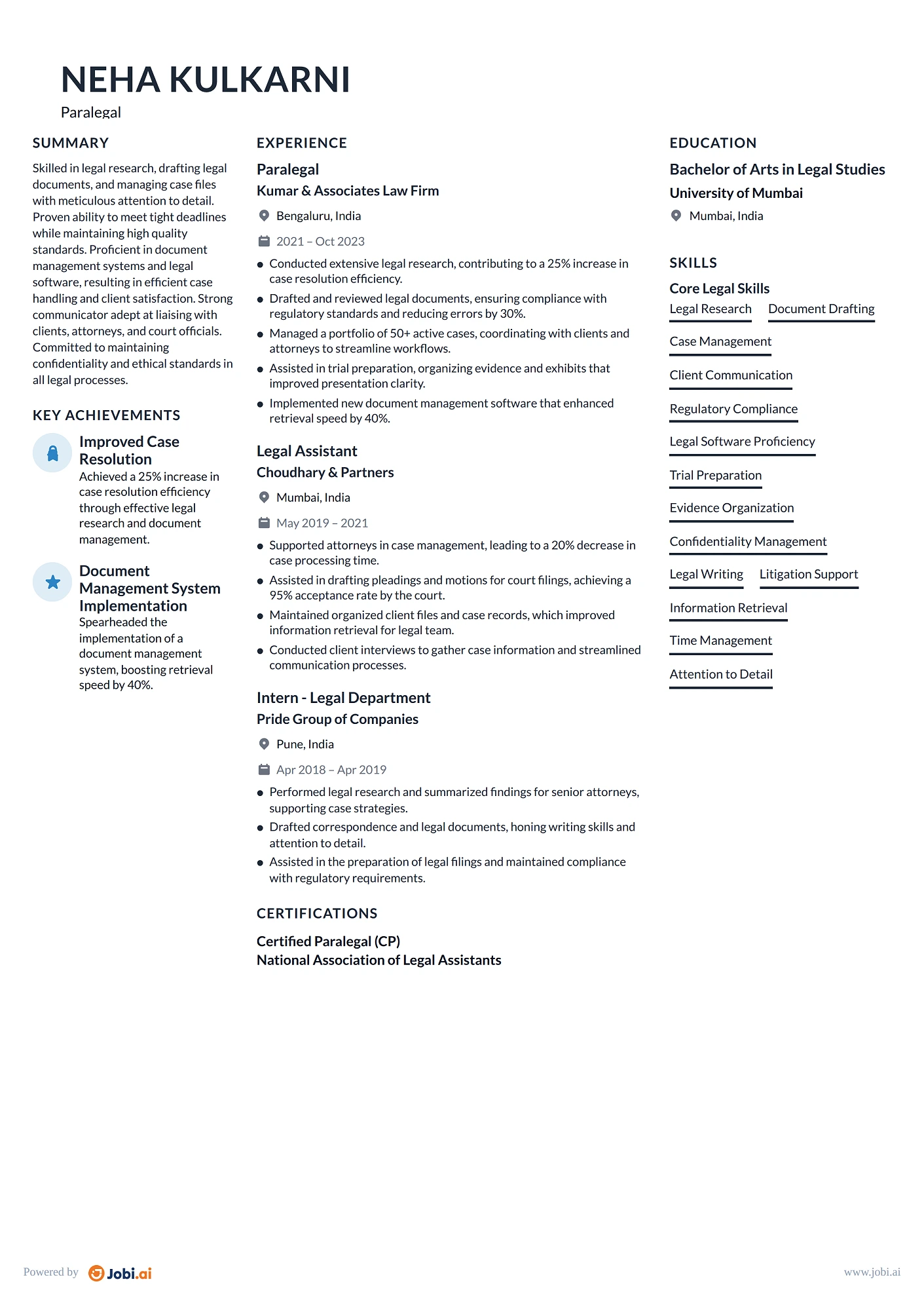 Legal Assistant resume example — Paralegal