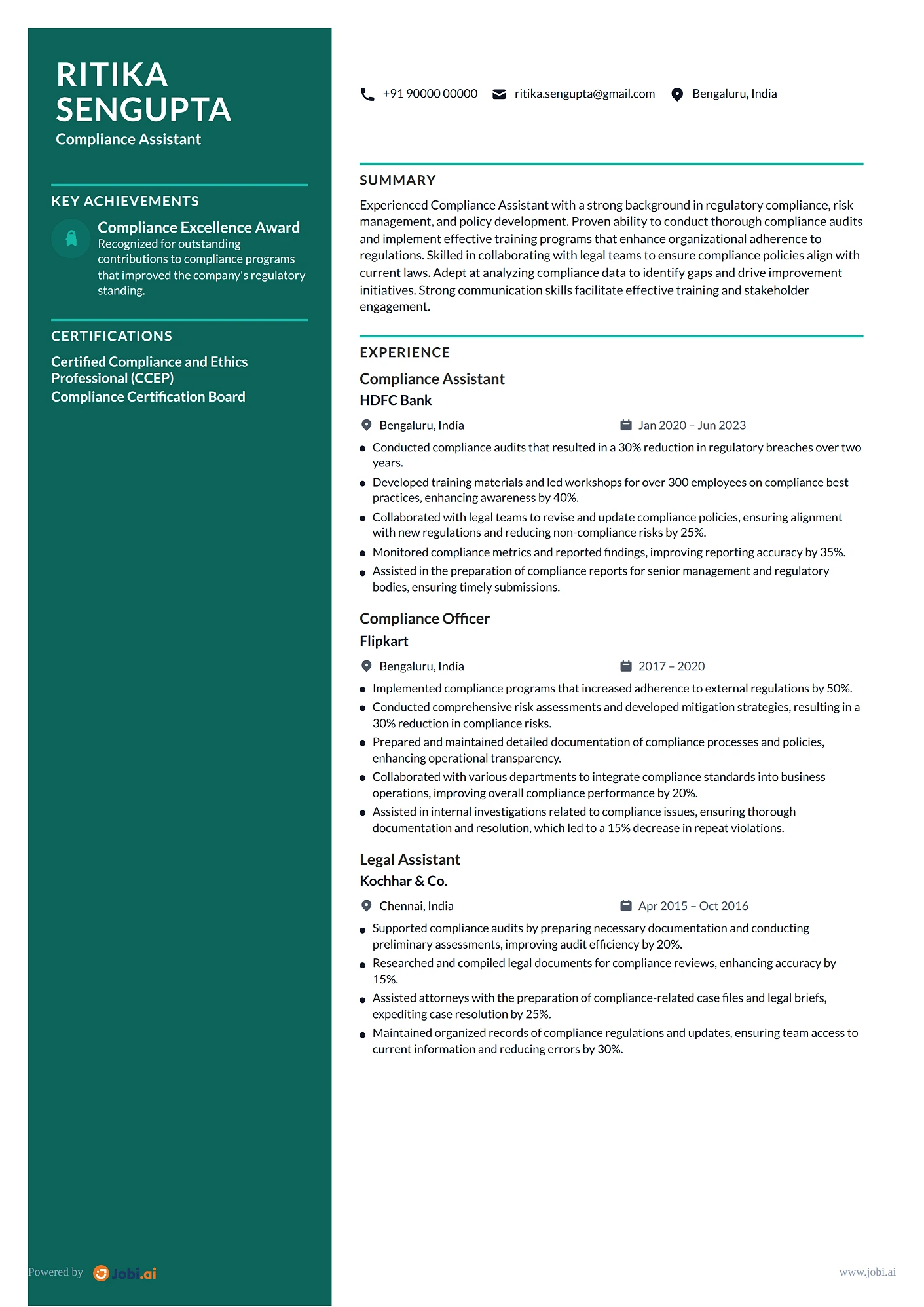 Legal Assistant resume example — Compliance Assistant