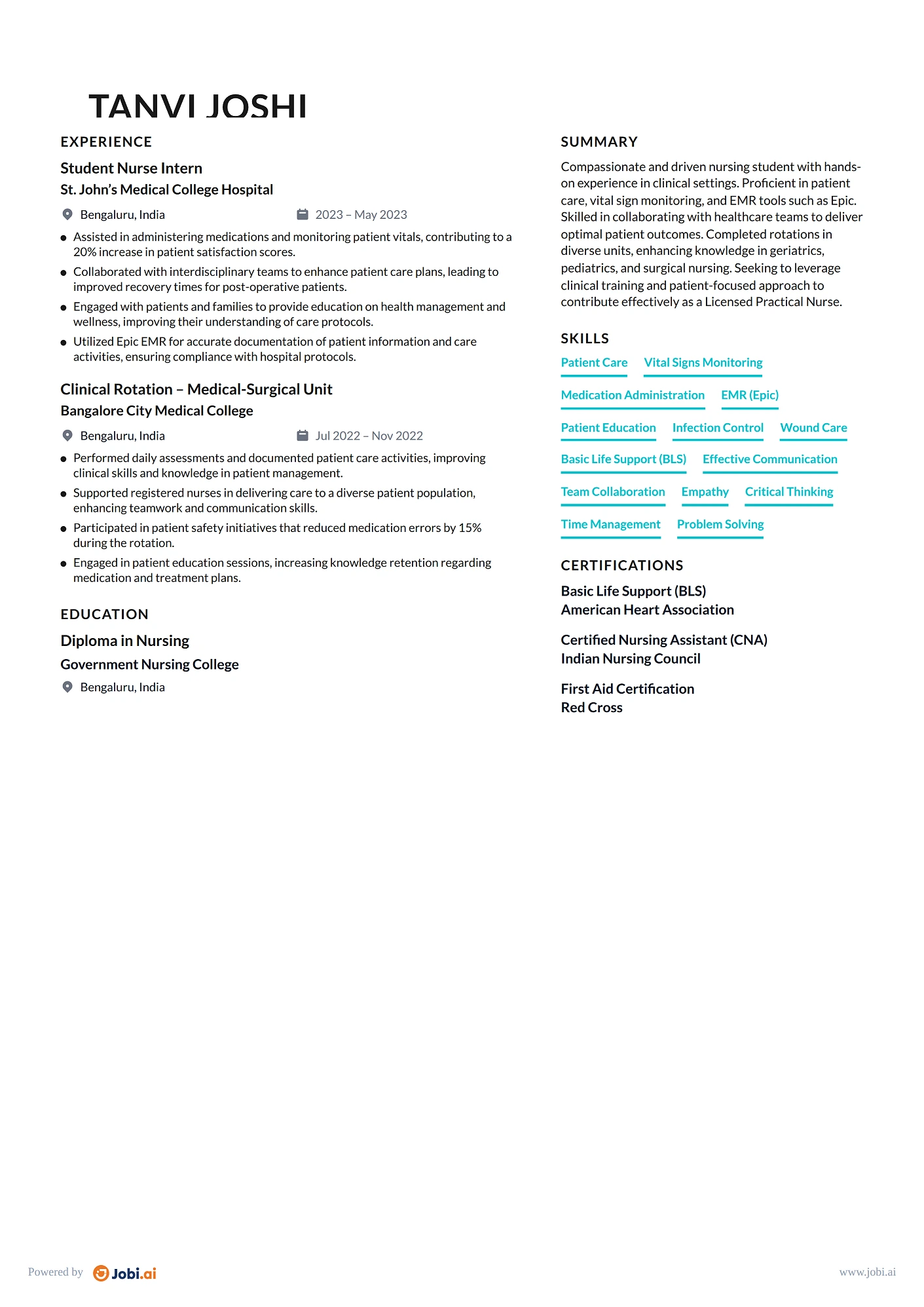 Licensed Practical Nurse resume example — Student Nurse