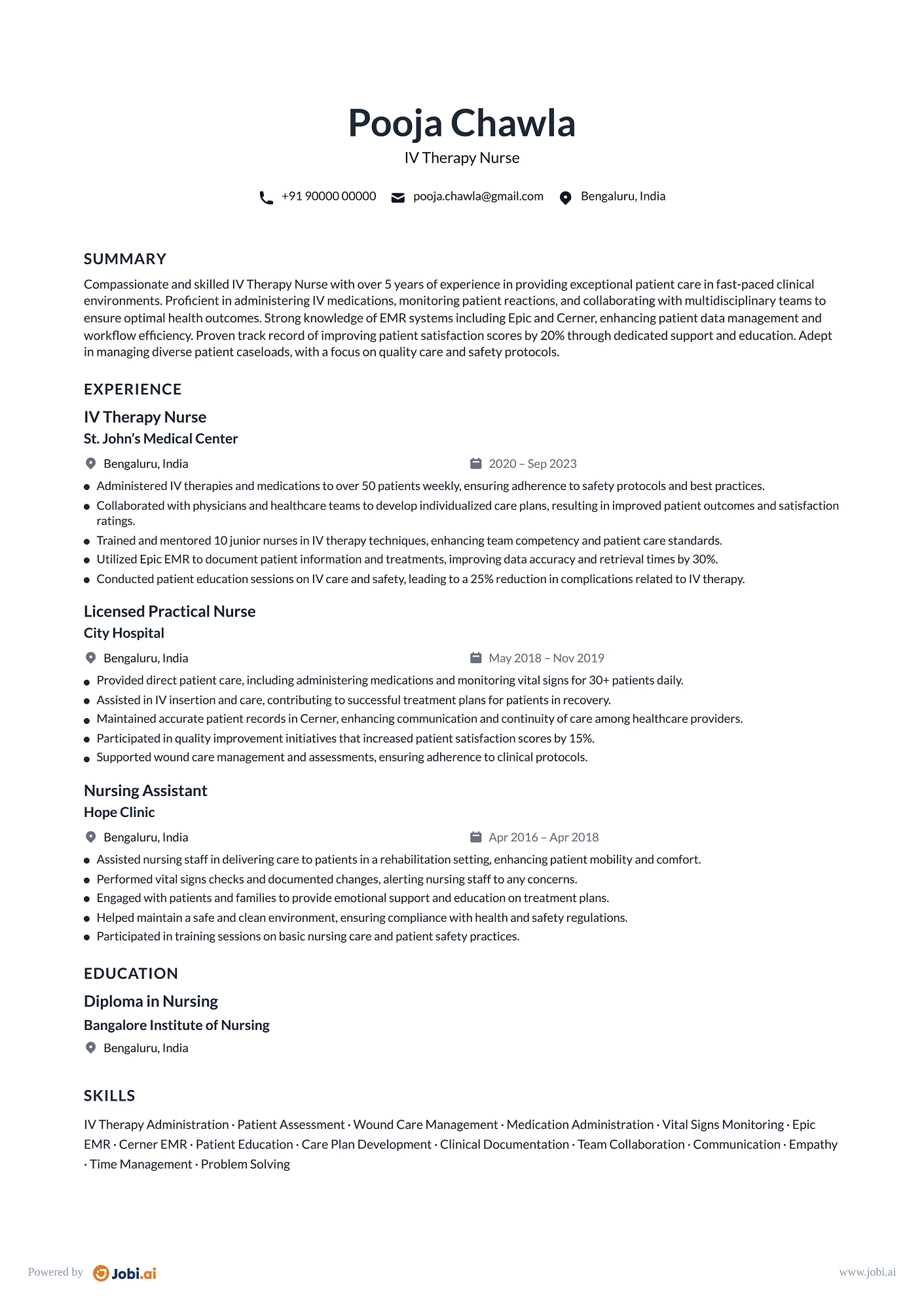 Licensed Practical Nurse resume example — IV Therapy Nurse