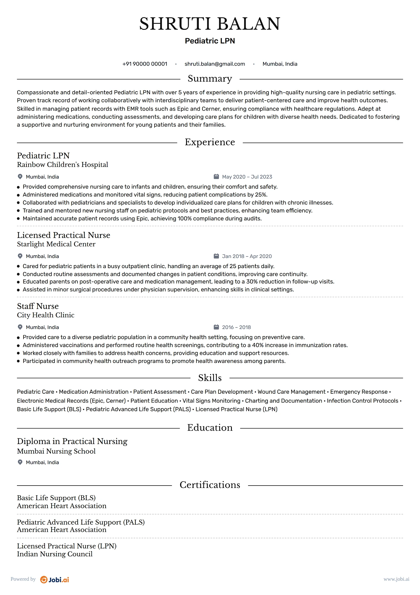 Licensed Practical Nurse resume example — Pediatric LPN