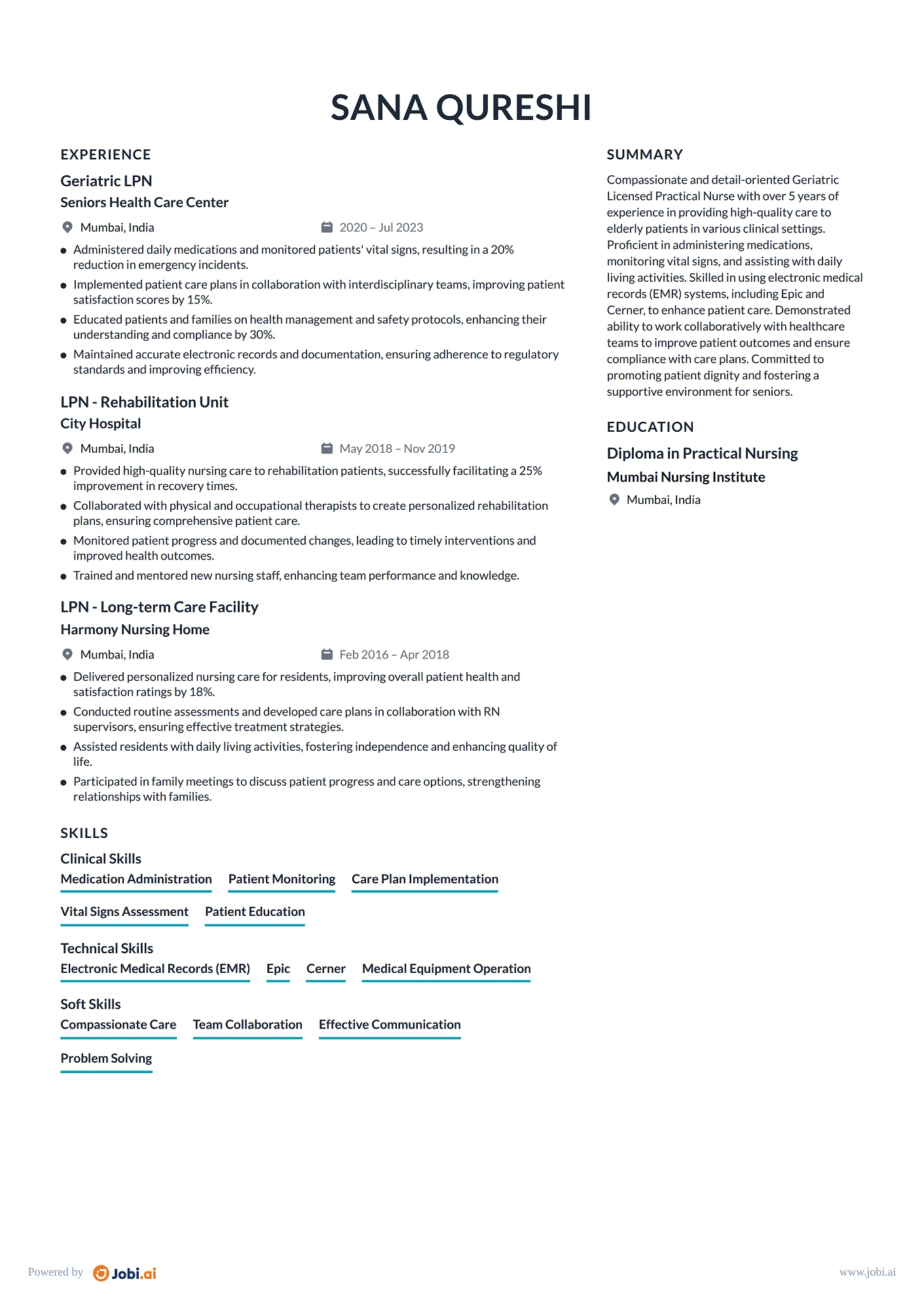 Licensed Practical Nurse resume example — Geriatric LPN