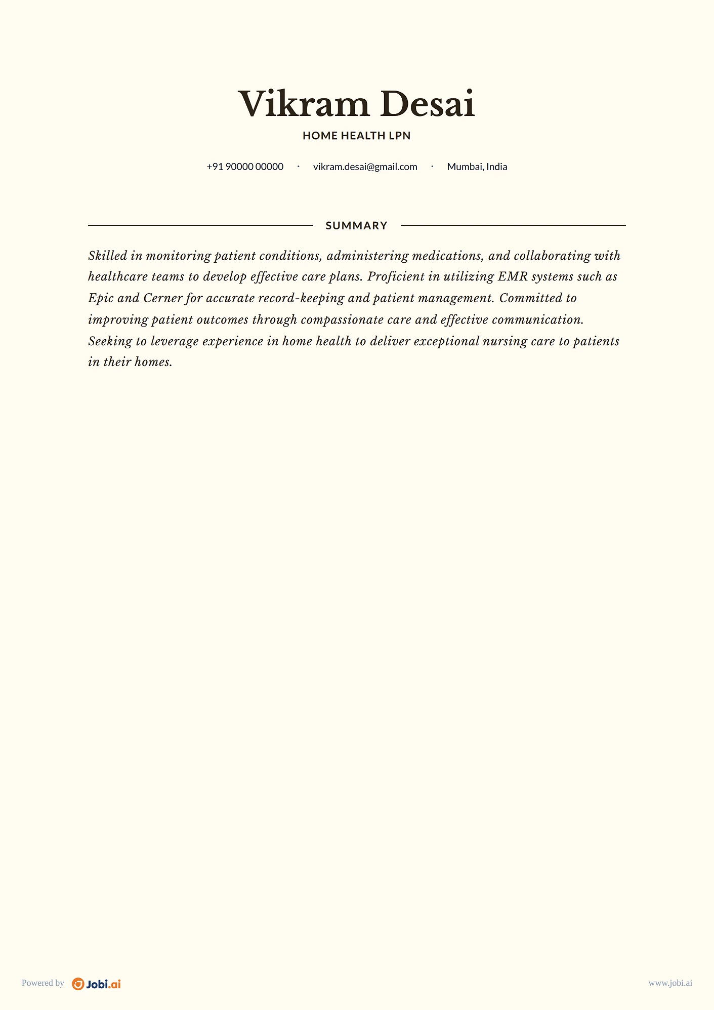Licensed Practical Nurse resume example — Home Health LPN