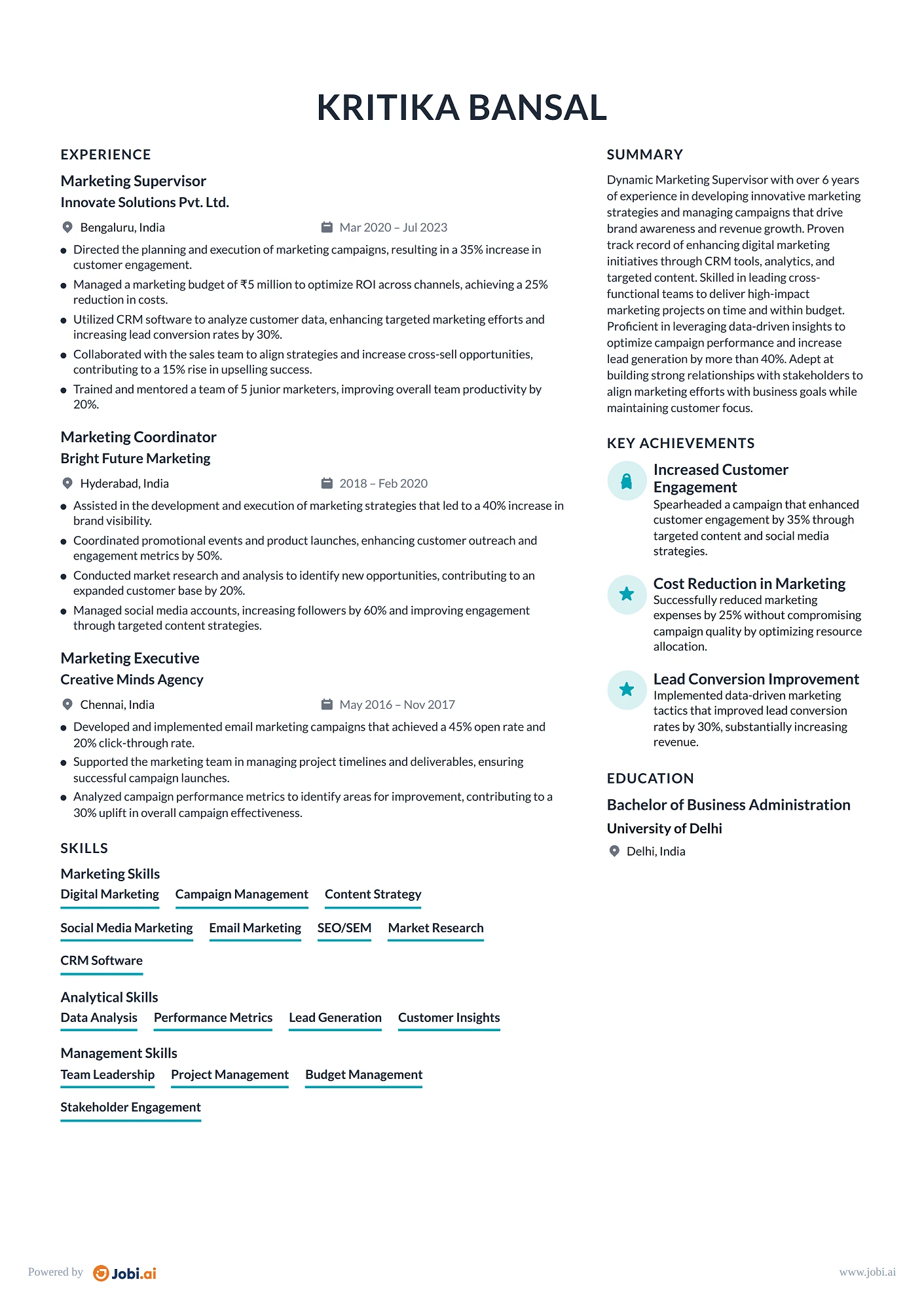 Marketing Manager resume example — Marketing Supervisor