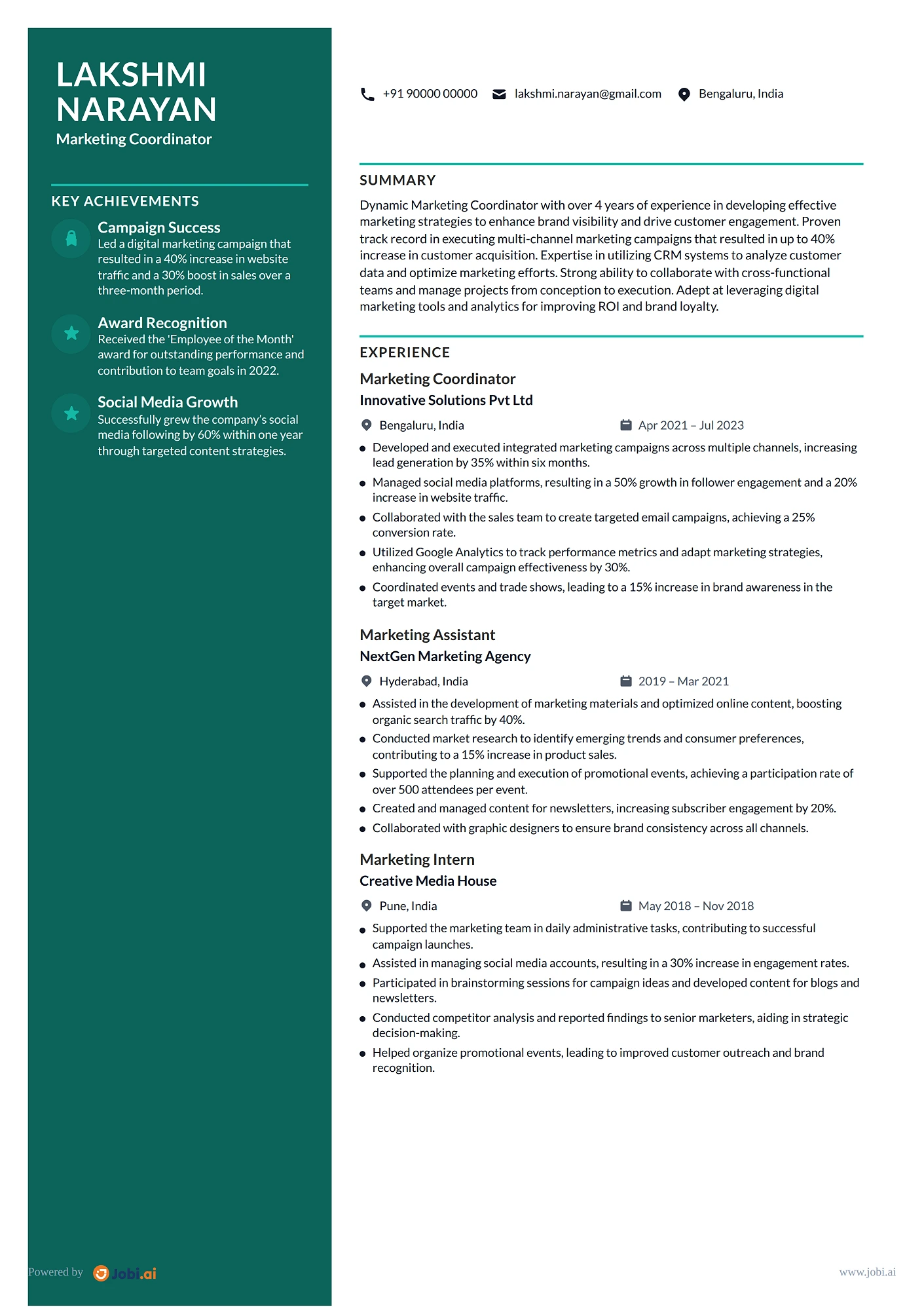 Marketing Manager resume example — Marketing Coordinator
