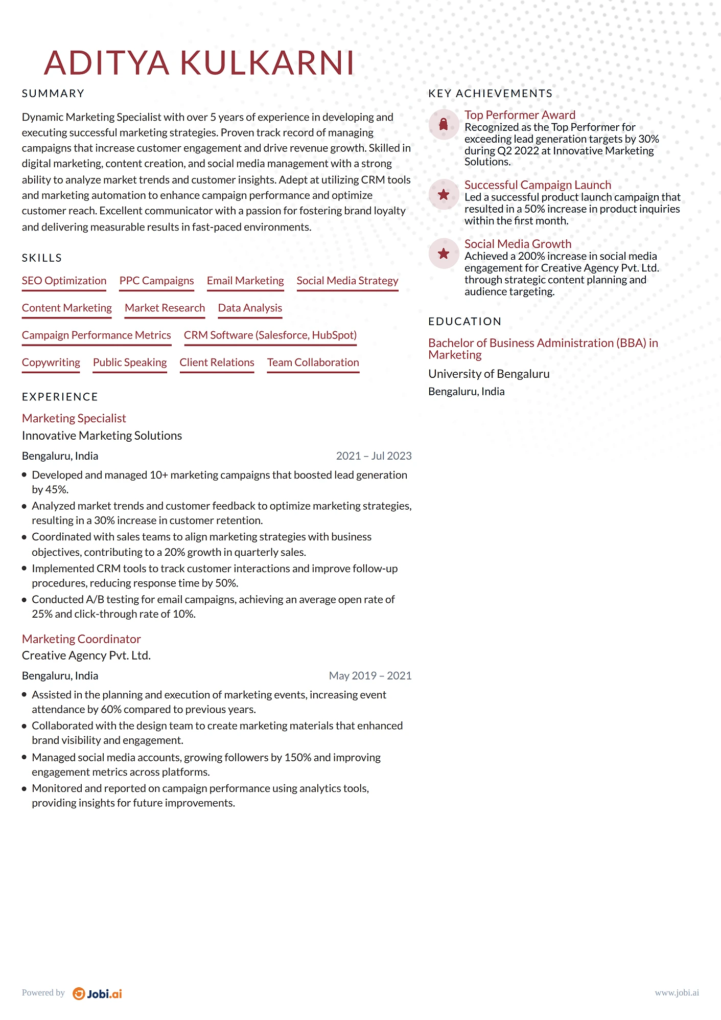 Marketing Manager resume example — Marketing Specialist